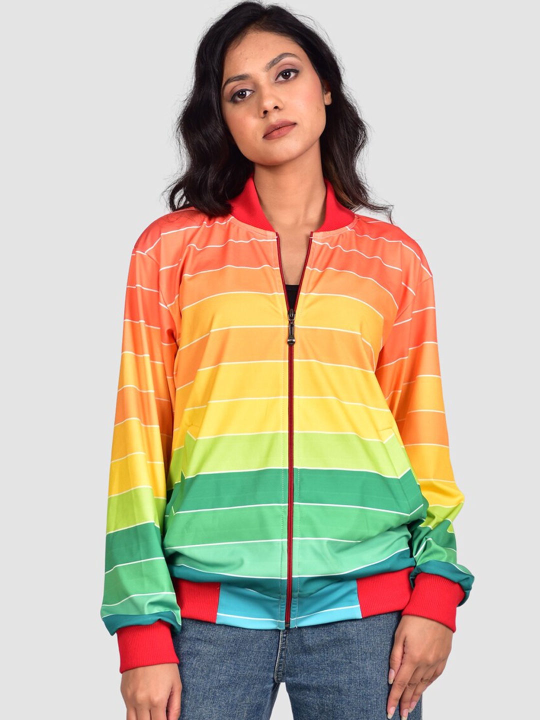 

Rajoria Instyle Women Striped Lightweight Outdoor Bomber Jacket, Red