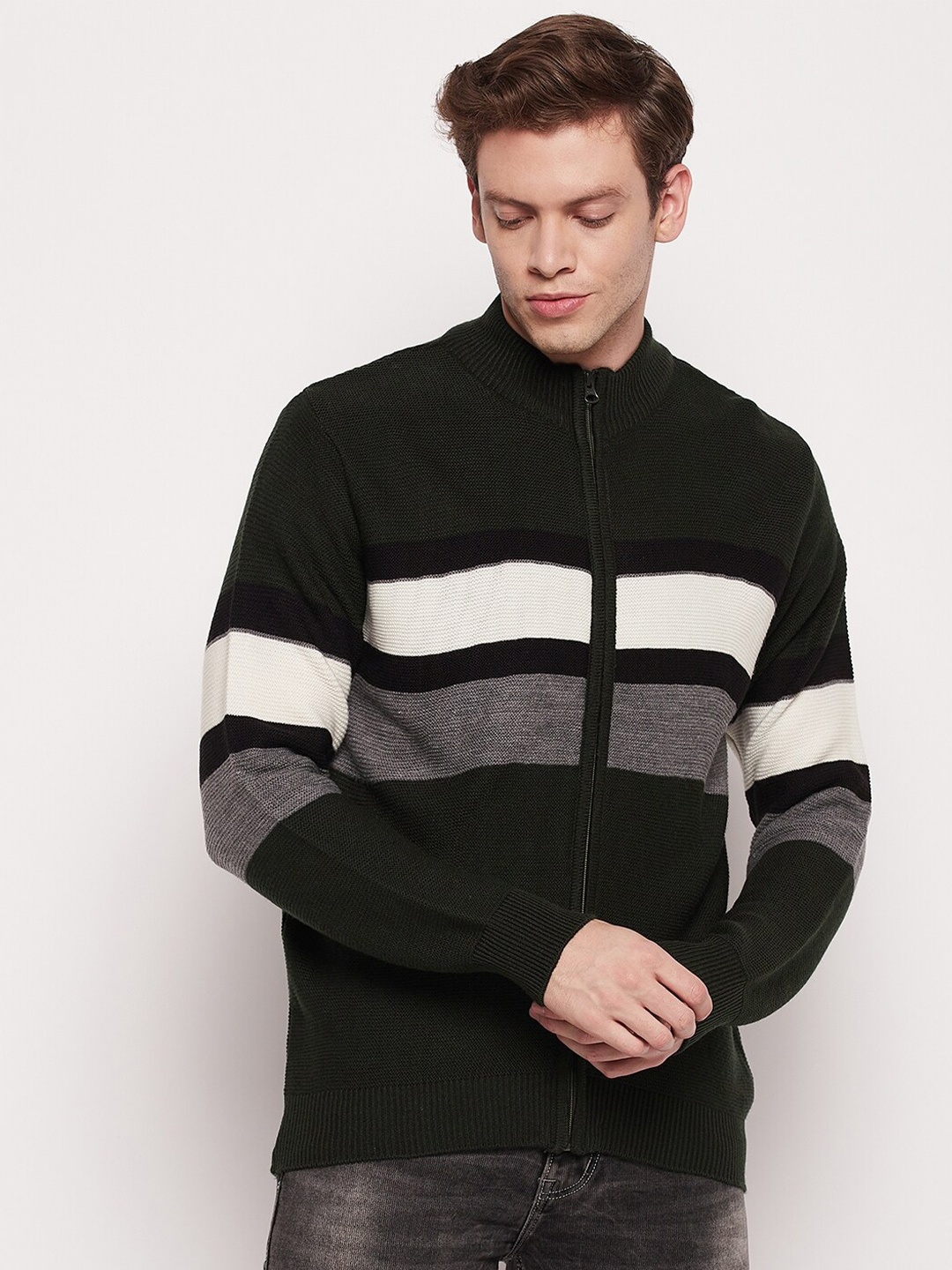 

Cantabil Men Colourblocked Wool Cardigan, Olive