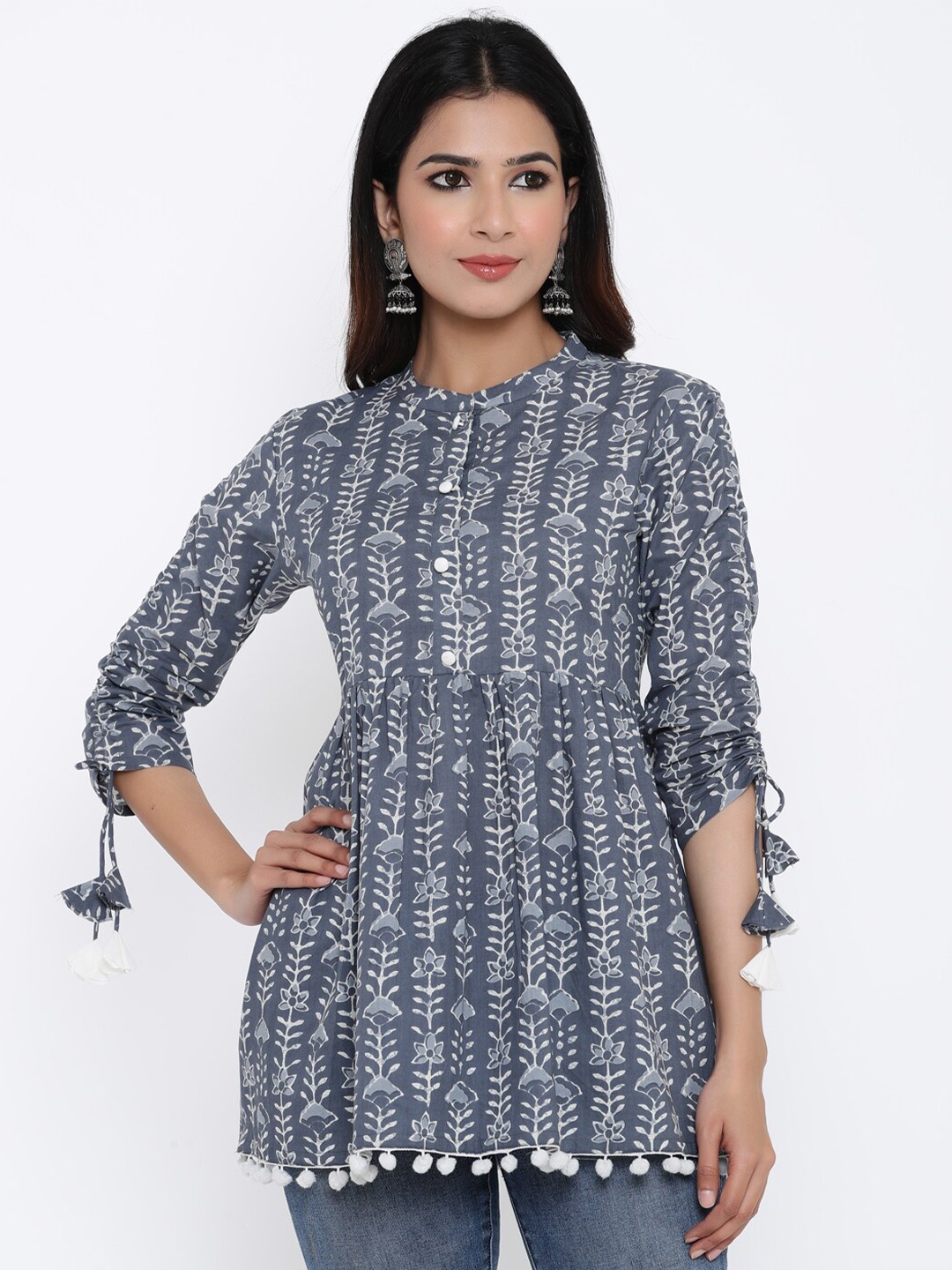 

kipek Printed Mandarin Collar Longline Cotton Top, Grey