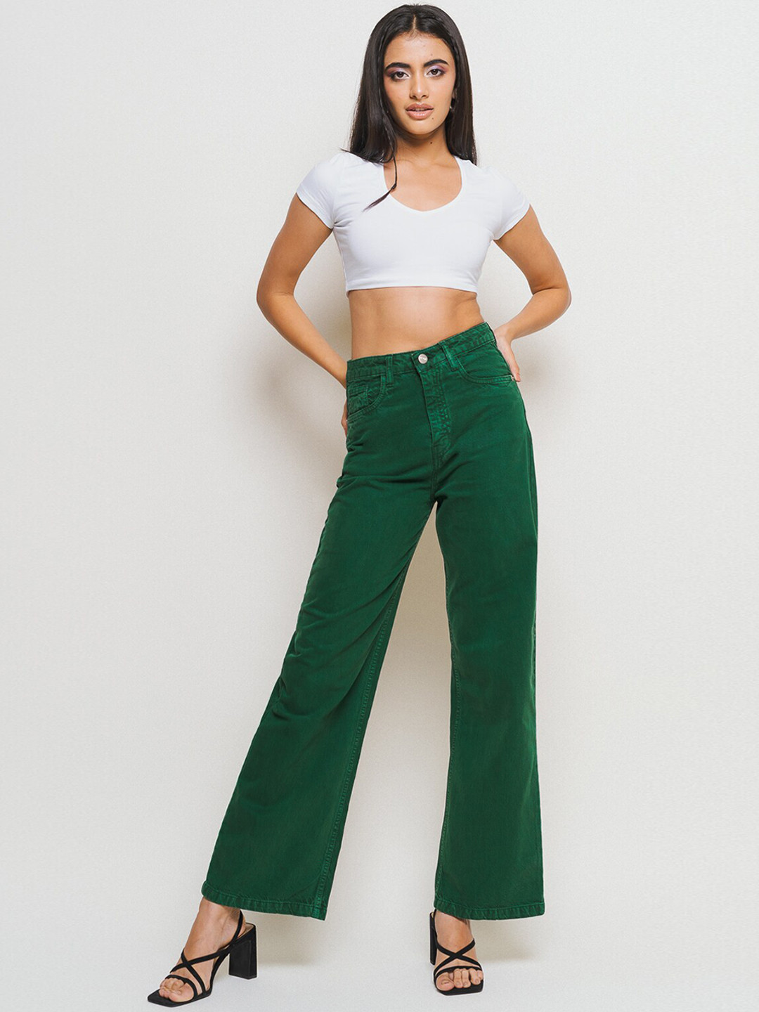 

FREAKINS Women Straight Fit High-Rise Pure Cotton Jeans, Green