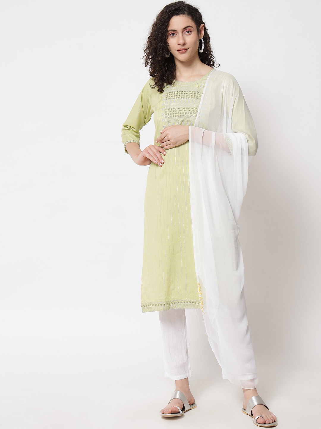 

Meeranshi Women Floral Embroidered Mirror Work Liva Kurta with Trousers & With Dupatta, Green