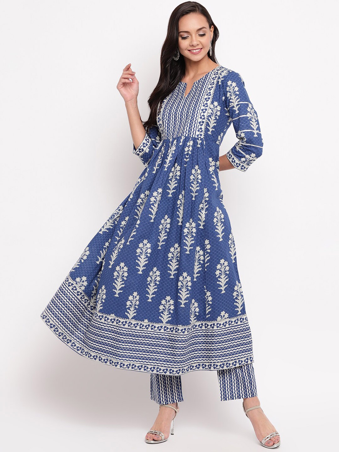 

Jaipur Morni Ethnic Motifs Printed Pure Cotton Kurta with Trousers, Blue