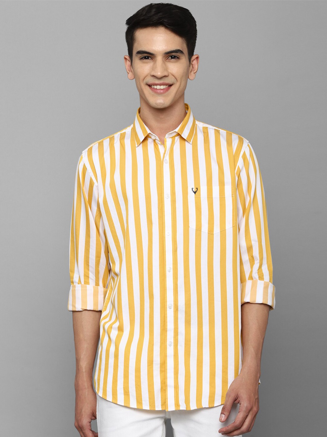 

Allen Solly Men Slim Fit Striped Pure Cotton Casual Shirt, Yellow