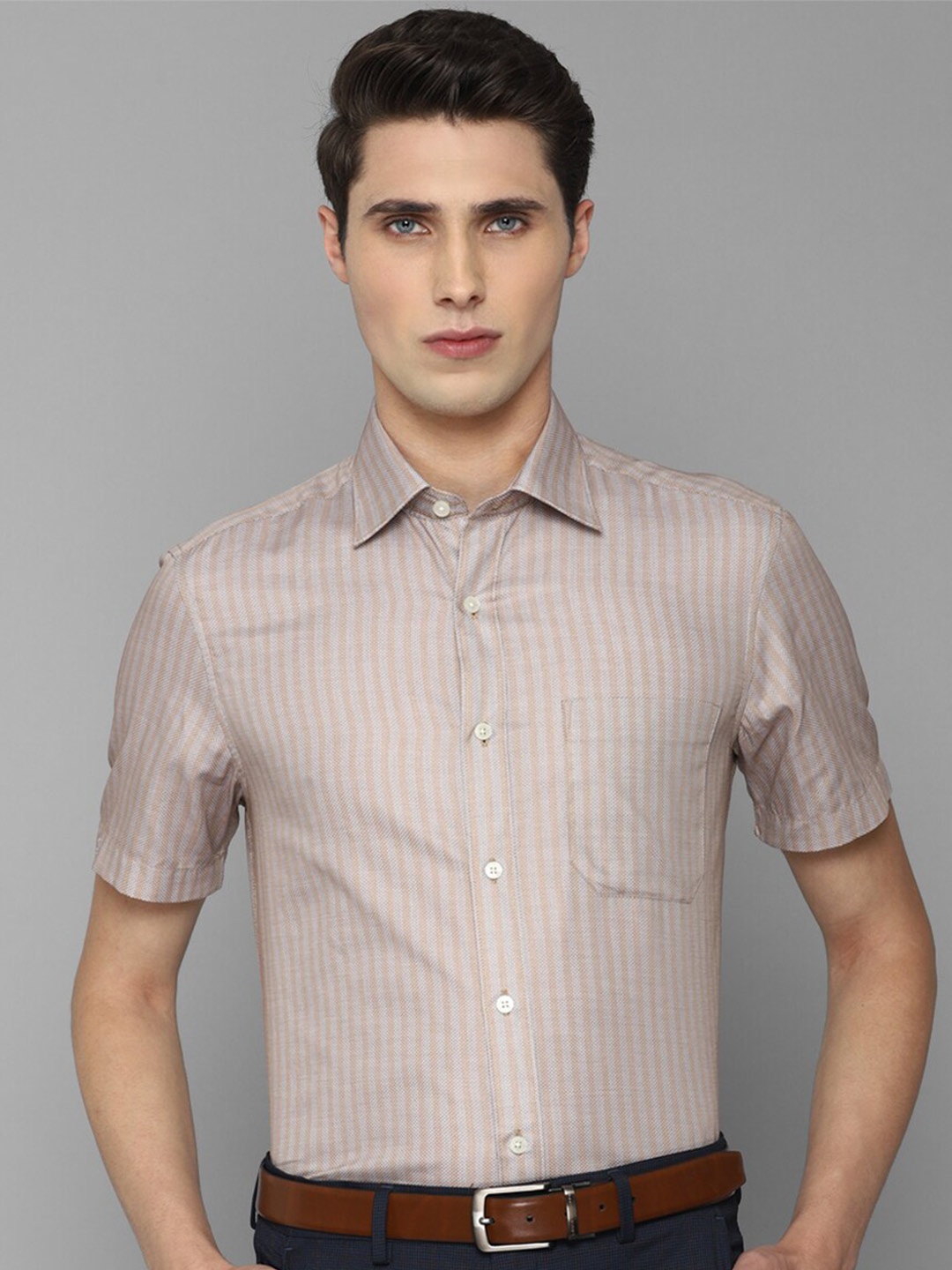 

Louis Philippe Men Striped Cotton Formal Shirt, Beige