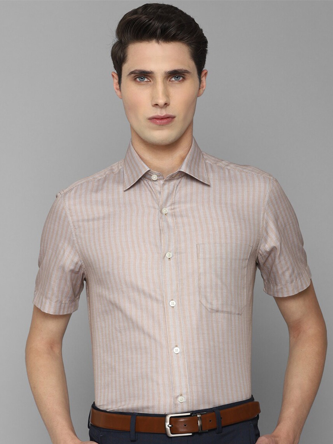 

Louis Philippe Men Striped Cotton Formal Shirt, Beige