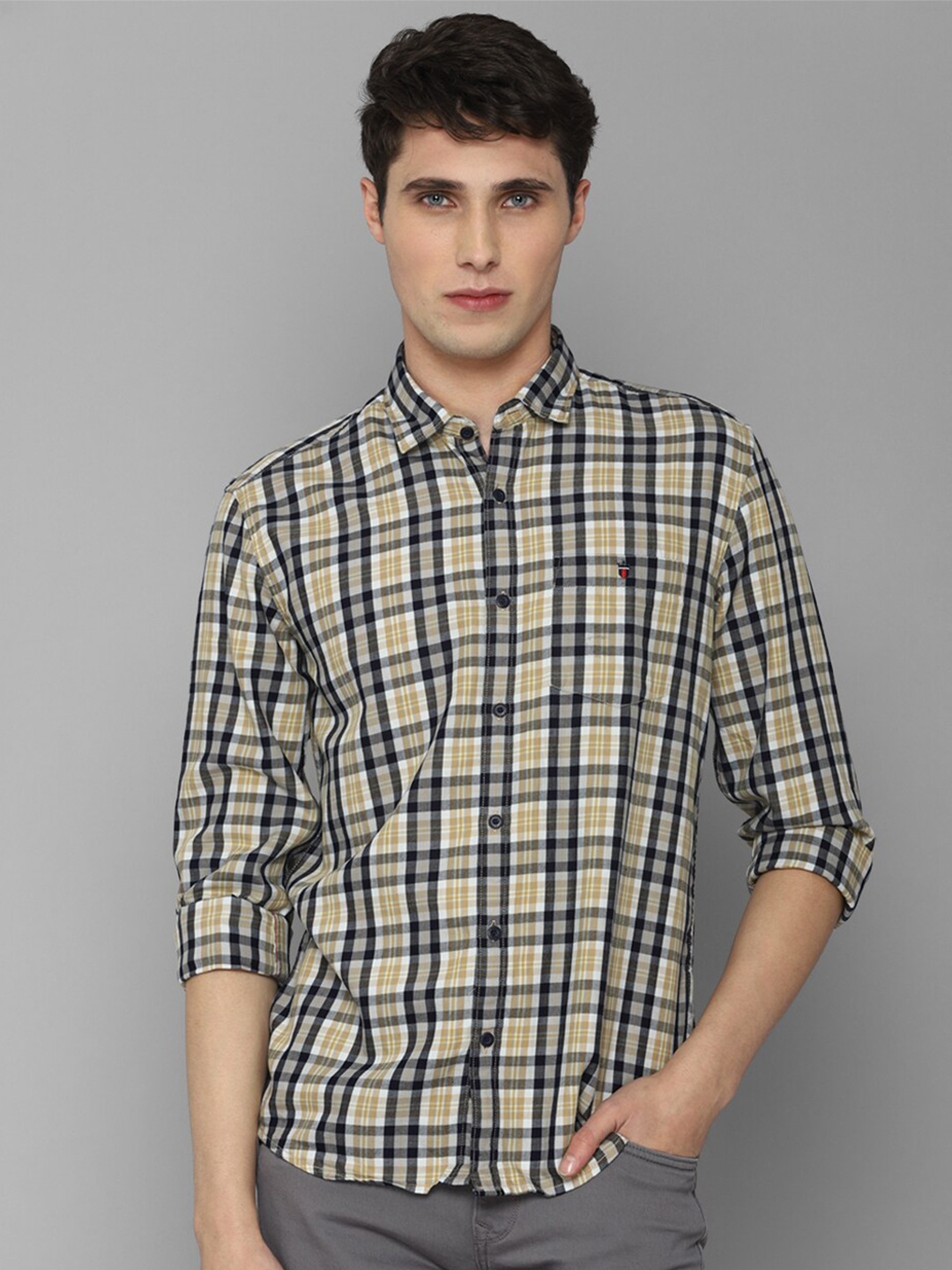 

Louis Philippe Jeans Men Cotton Slim Fit Tartan Checked Casual Shirt, Beige