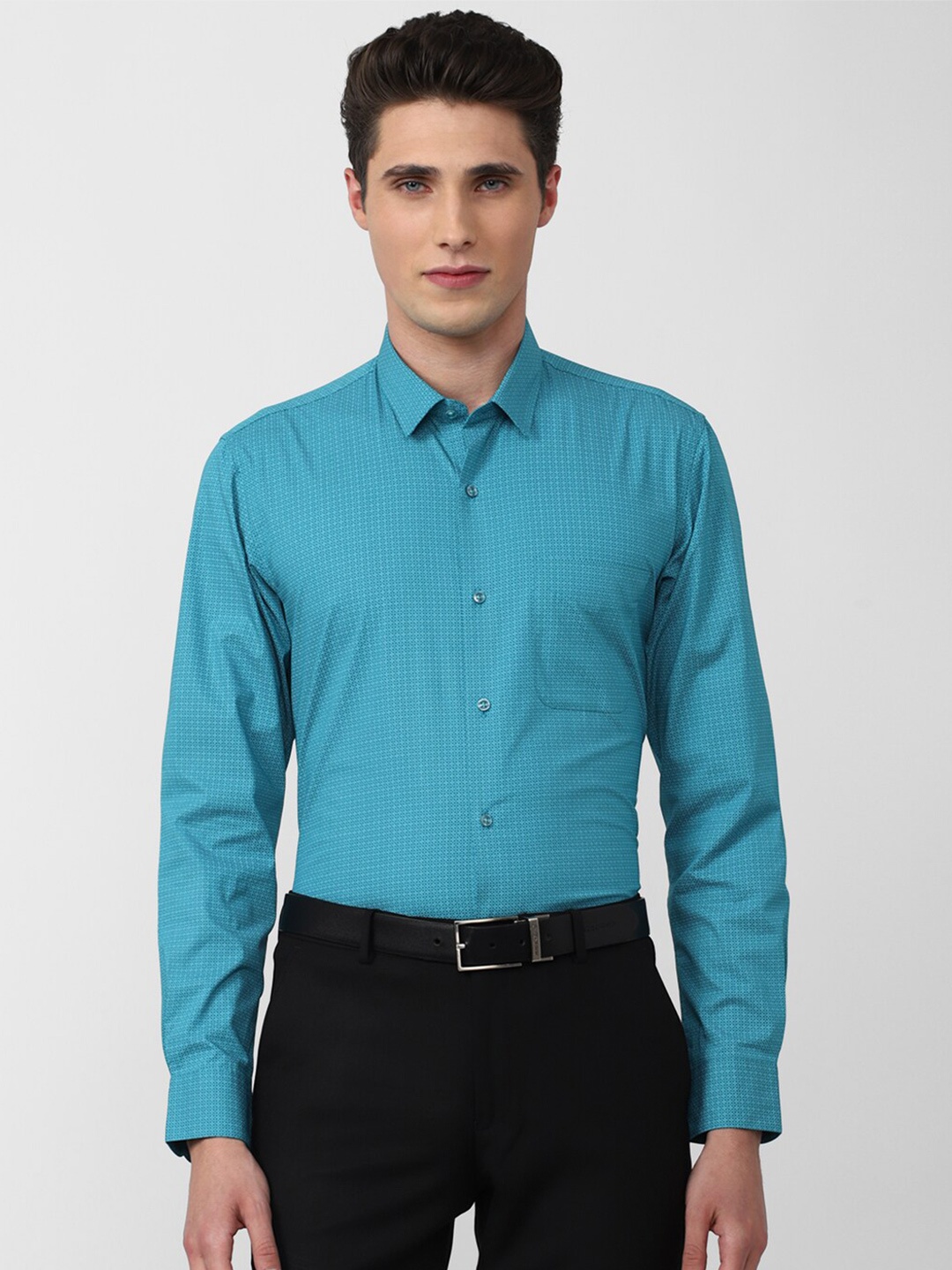 

Peter England Men Self Design Cotton Slim Fit Formal Shirt, Turquoise blue