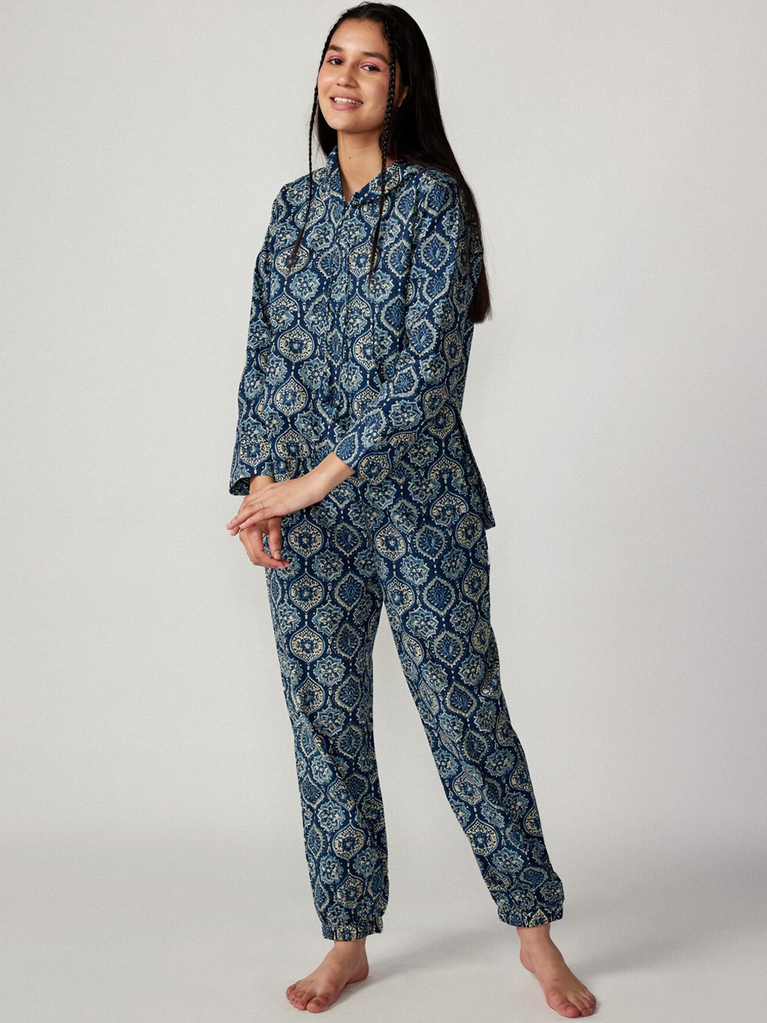 

JISORA Women Printed Pure Organic Printed Cotton Hooded Co-Ords, Blue