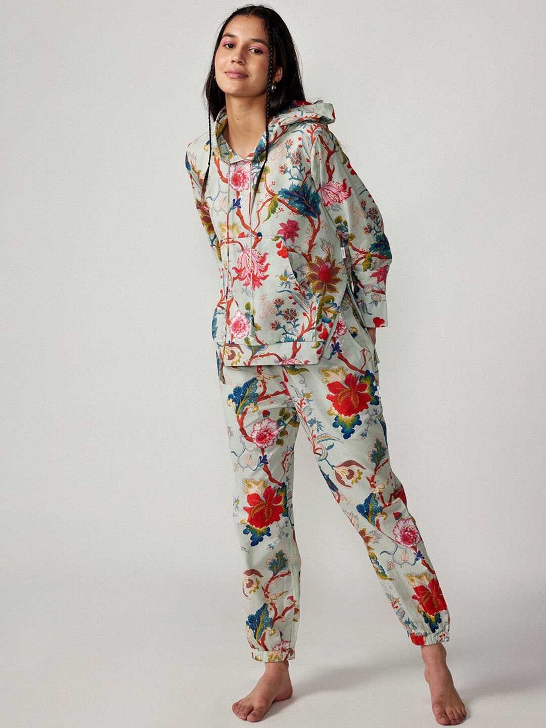 

JISORA Women Printed Pure Cotton Relaxed-Fit Co-Ords, Blue
