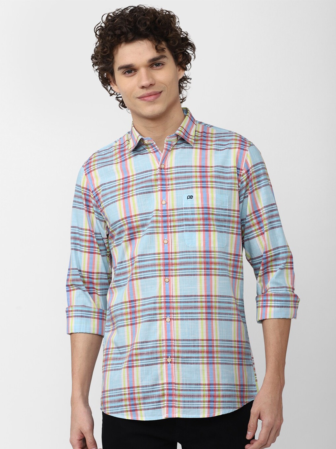 

Peter England Casuals Men Slim Fit Tartan Checked Casual Cotton Shirt, Blue