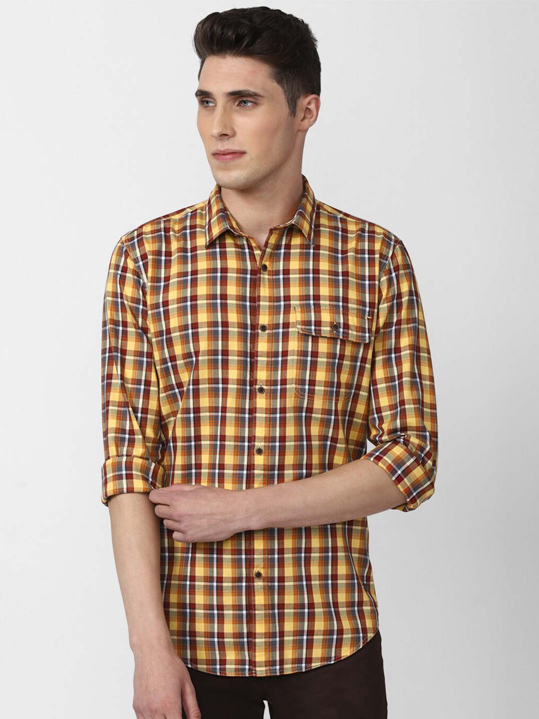 

Peter England Casuals Men Slim Fit Tartan Checked Casual Cotton Shirt, Yellow
