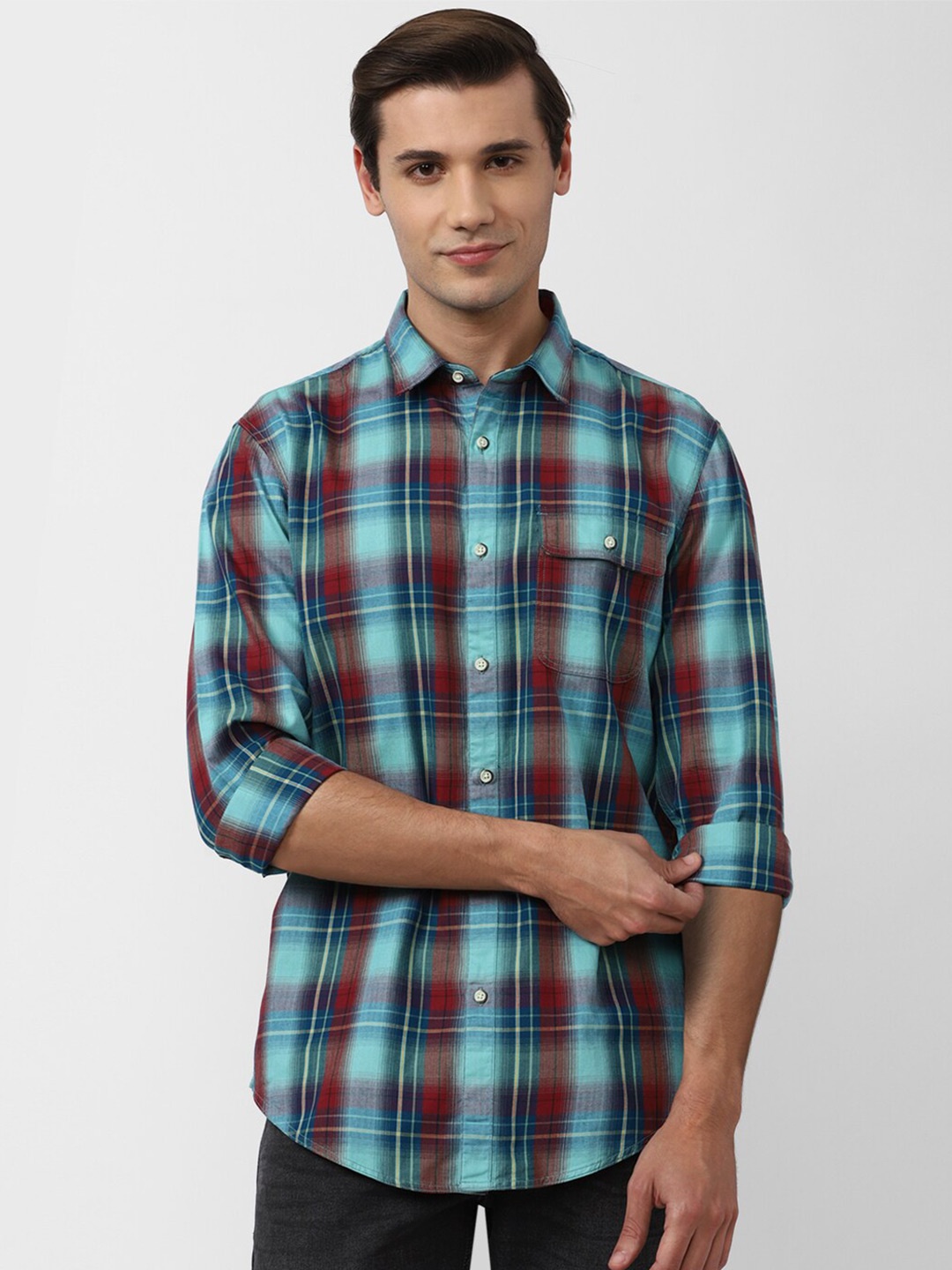 

Peter England Casuals Men Slim Fit Tartan Checked Casual Cotton Shirt, Blue