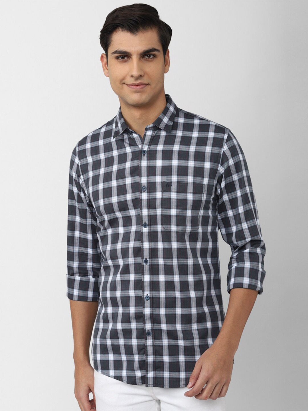 

Peter England Casuals Men Slim Fit Tartan Checked Casual Cotton Shirt, Navy blue