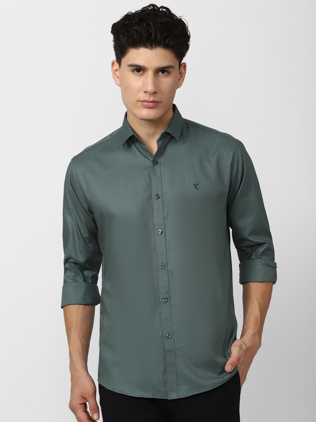 

V Dot Men Self Design Cotton Slim Fit Casual Shirt, Sea green