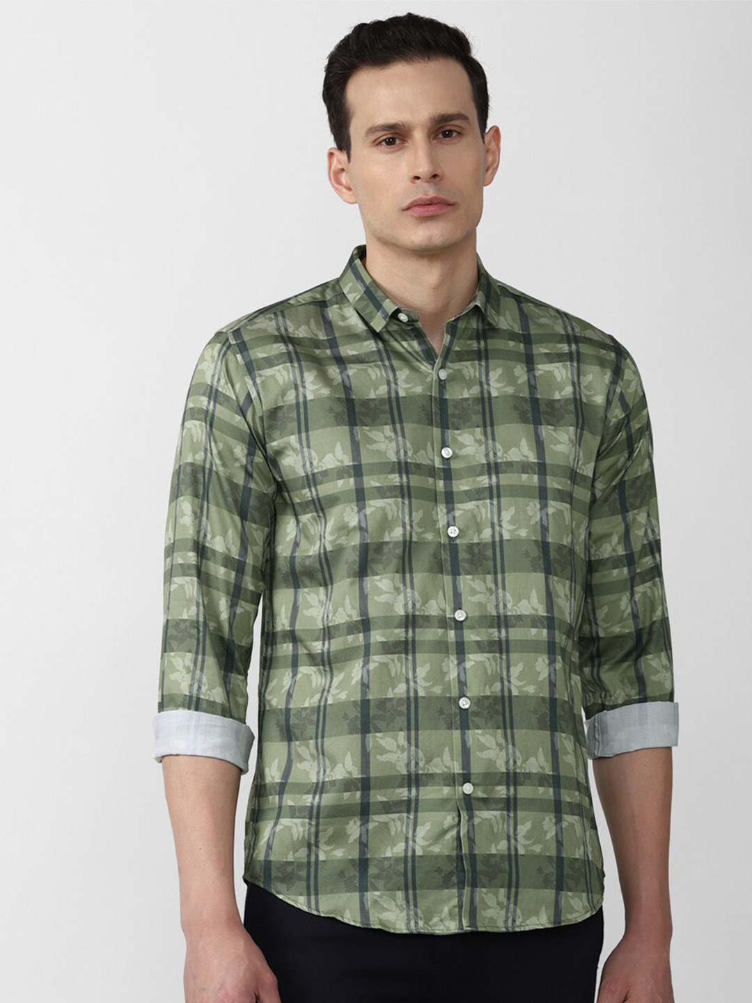 

V Dot Men Cotton Slim Fit Tartan Checks Checked Casual Shirt, Green