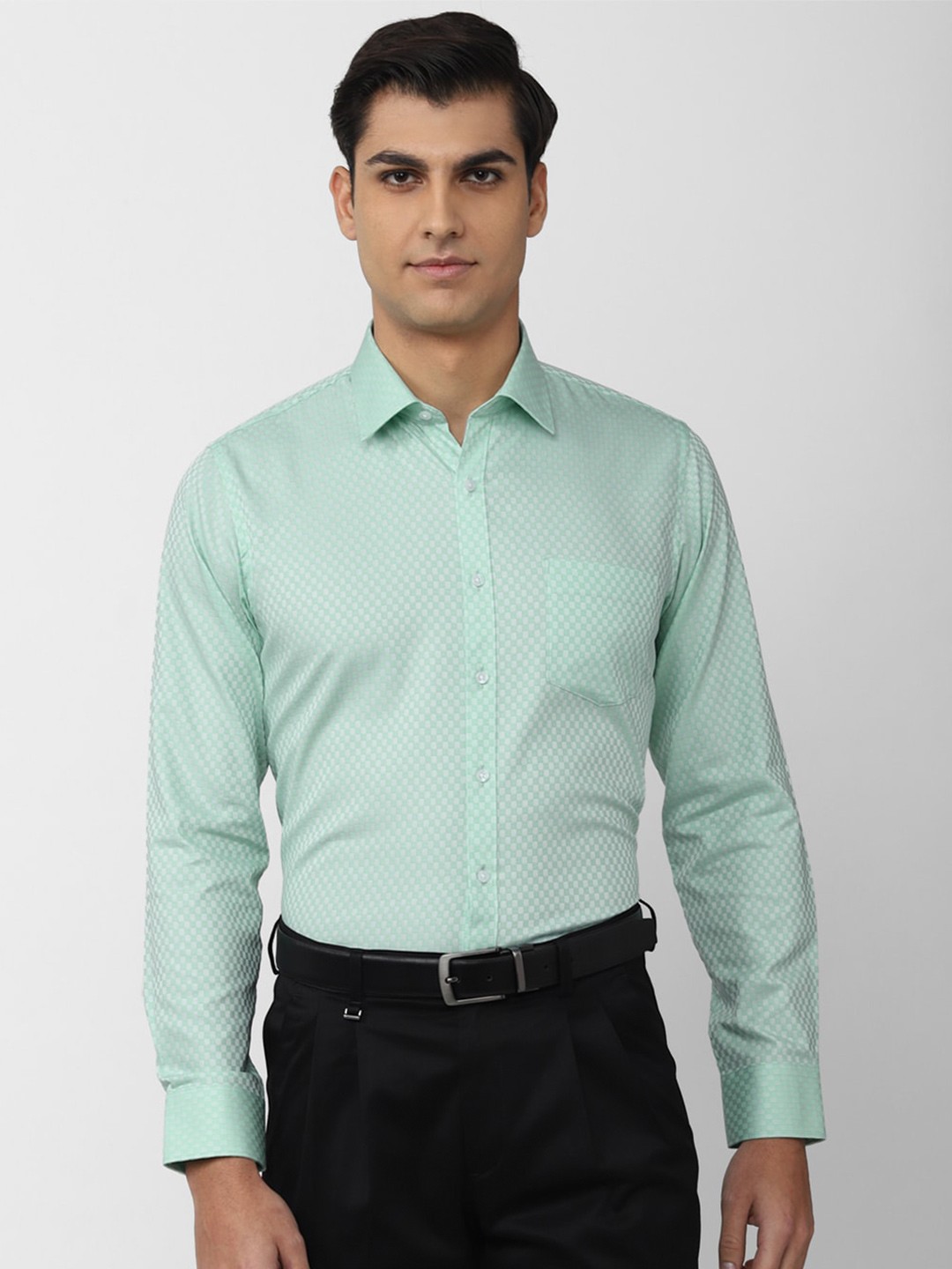 

Van Heusen Men Cotton Slim Fit Micro Checks Checked Formal Shirt, Green