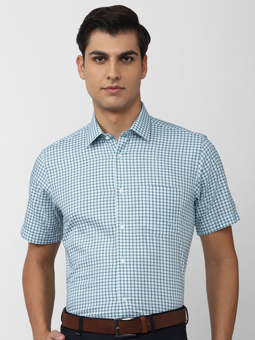 

Van Heusen Men Cotton Gingham Checks Checked Formal Shirt, Blue