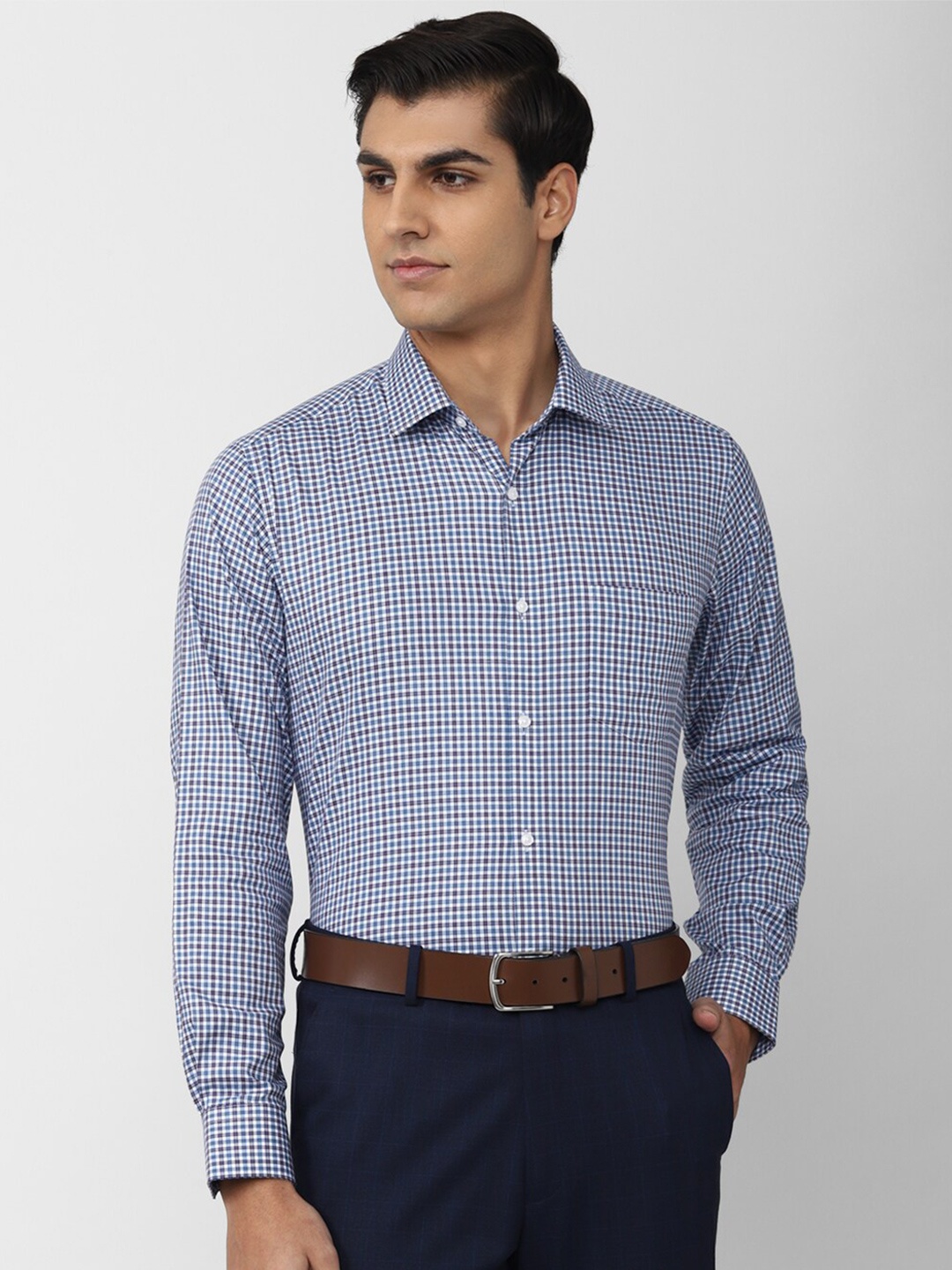 

Van Heusen Men Checked Pure Cotton Formal Shirt, Blue