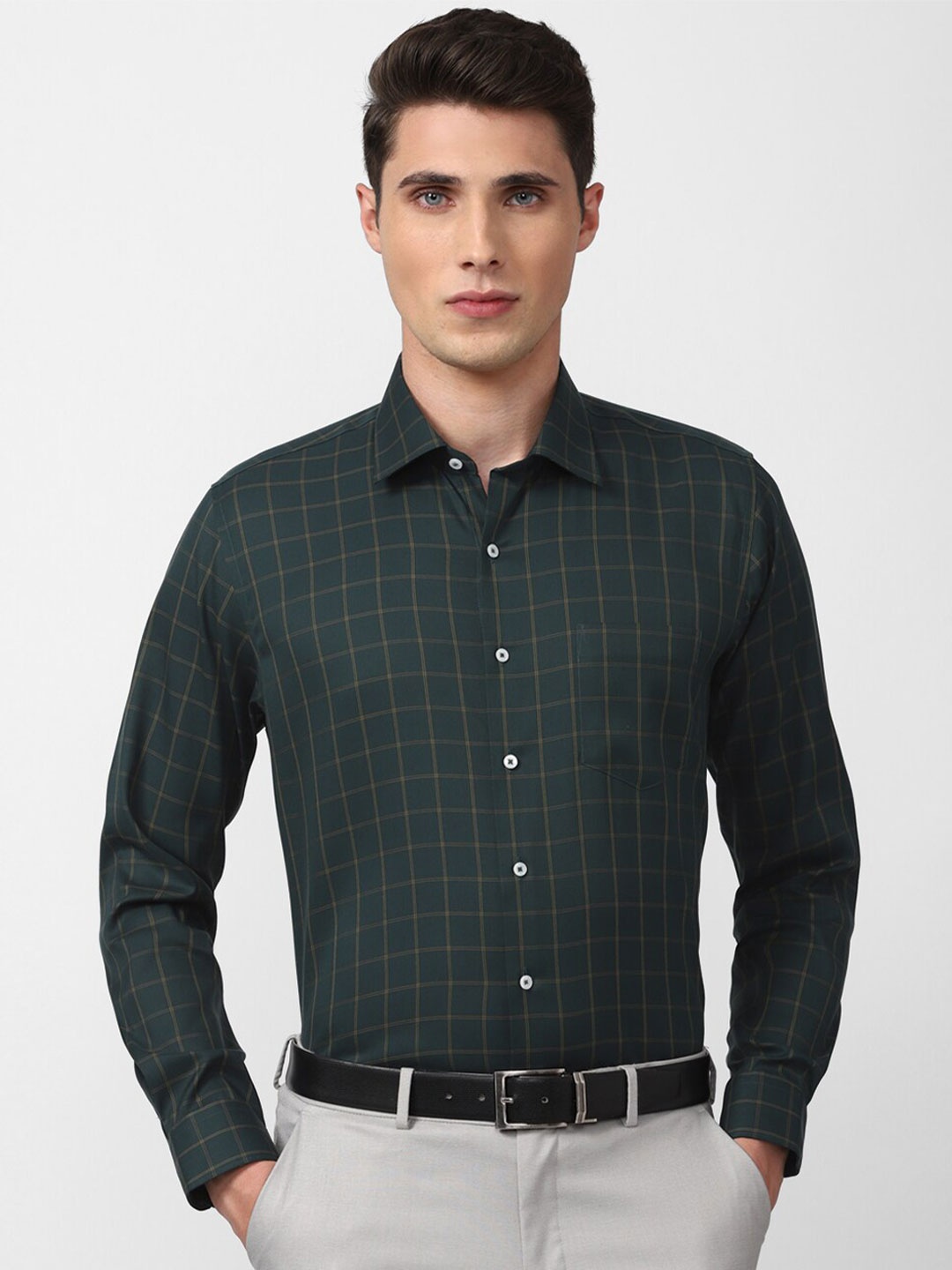 

Van Heusen Men Slim Fit Checked Pure Cotton Formal Shirt, Green