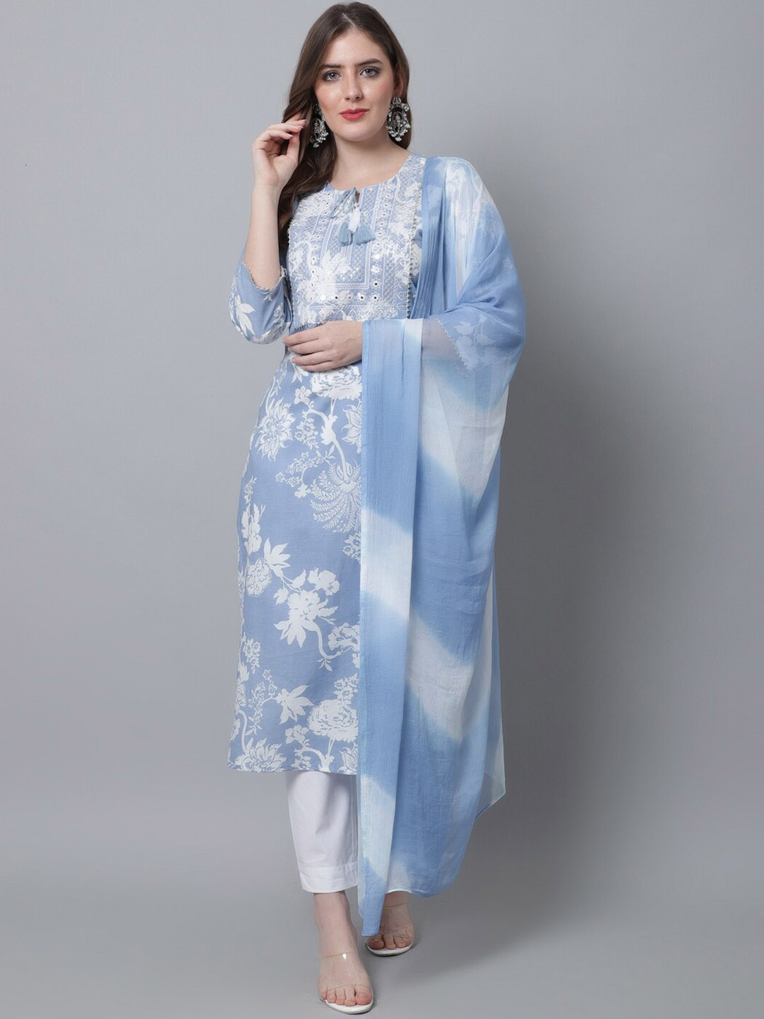

Aawari Women Turquoise Floral Printed Sequinned Kurta with Trousers & Dupatta, Turquoise blue