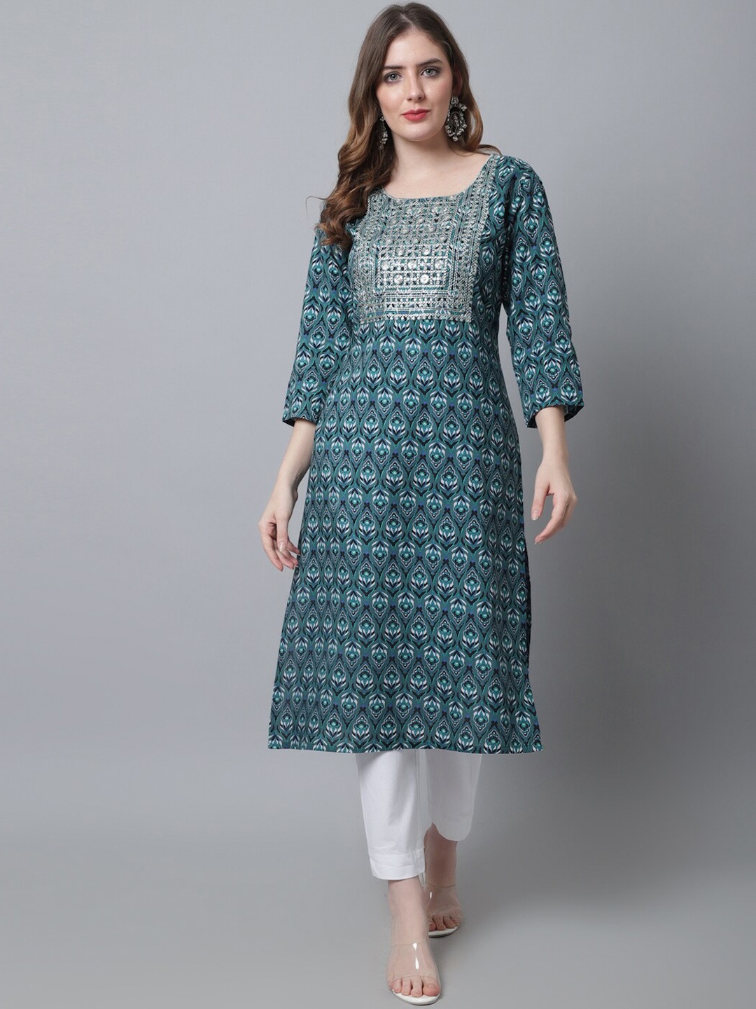 

Aawari Women Ethnic Motifs Printed Sequinned Kurta with Trousers & Dupatta, Green