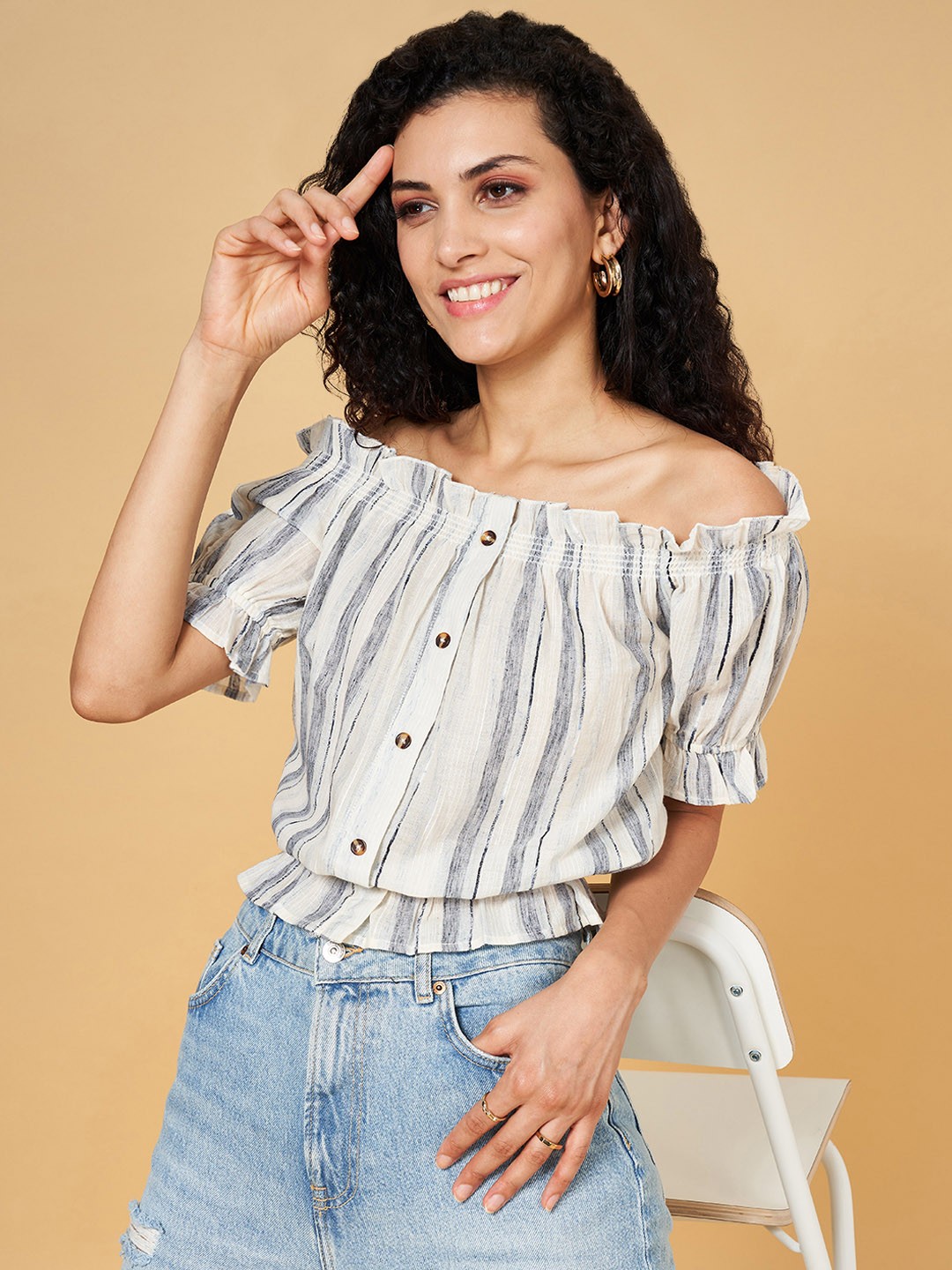 

YU by Pantaloons Off White Striped Off-Shoulder Top