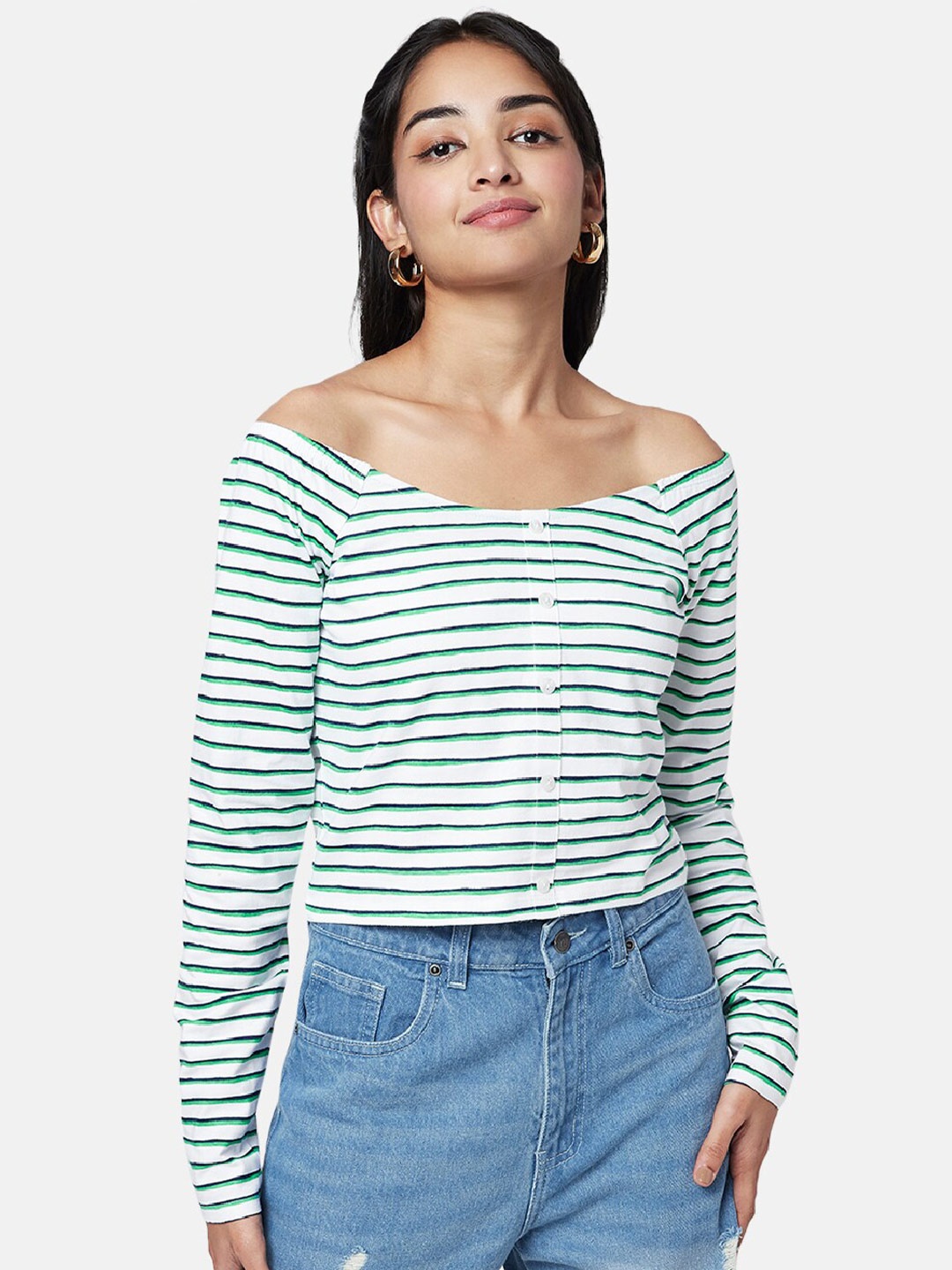 

YU by Pantaloons White & Green Striped Off-Shoulder Top