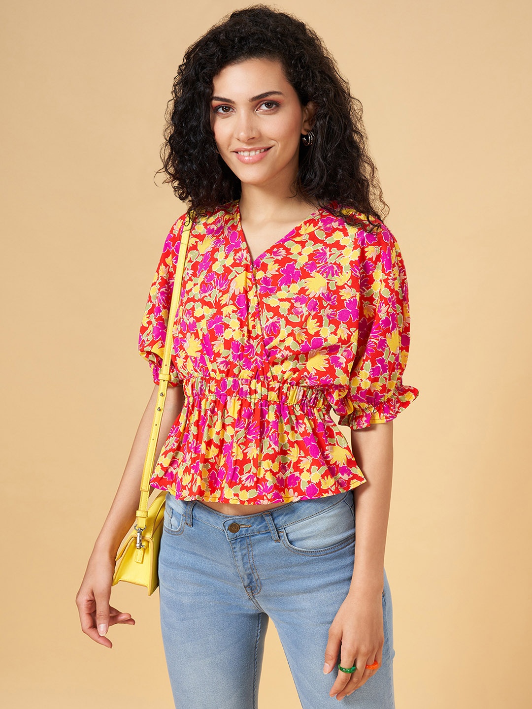 

YU by Pantaloons Floral Print Cinched Waist Top, Red