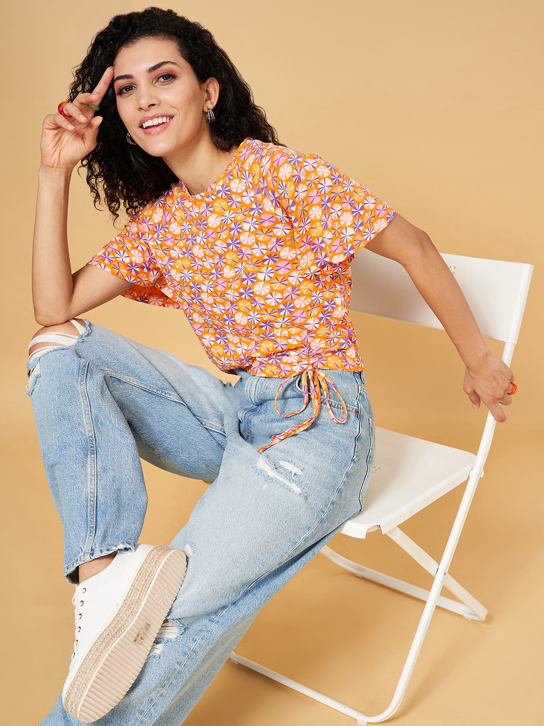 

YU by Pantaloons Cotton Geometric Print Top, Orange