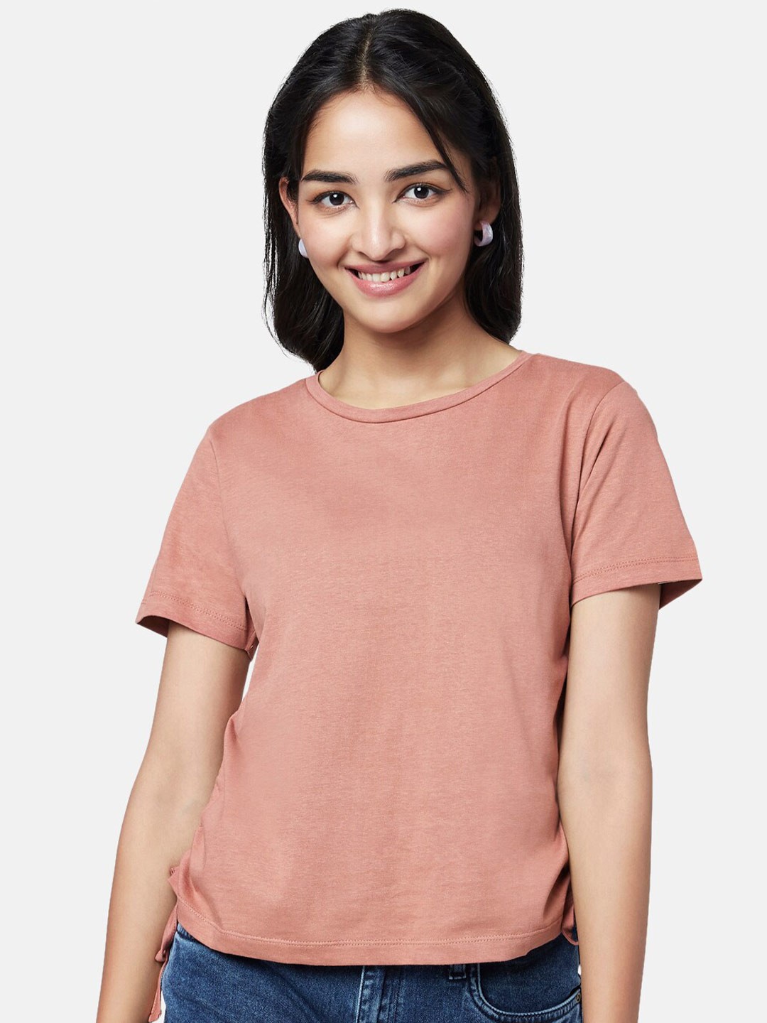 

YU by Pantaloons Cotton Round Neck Casual Top, Brown
