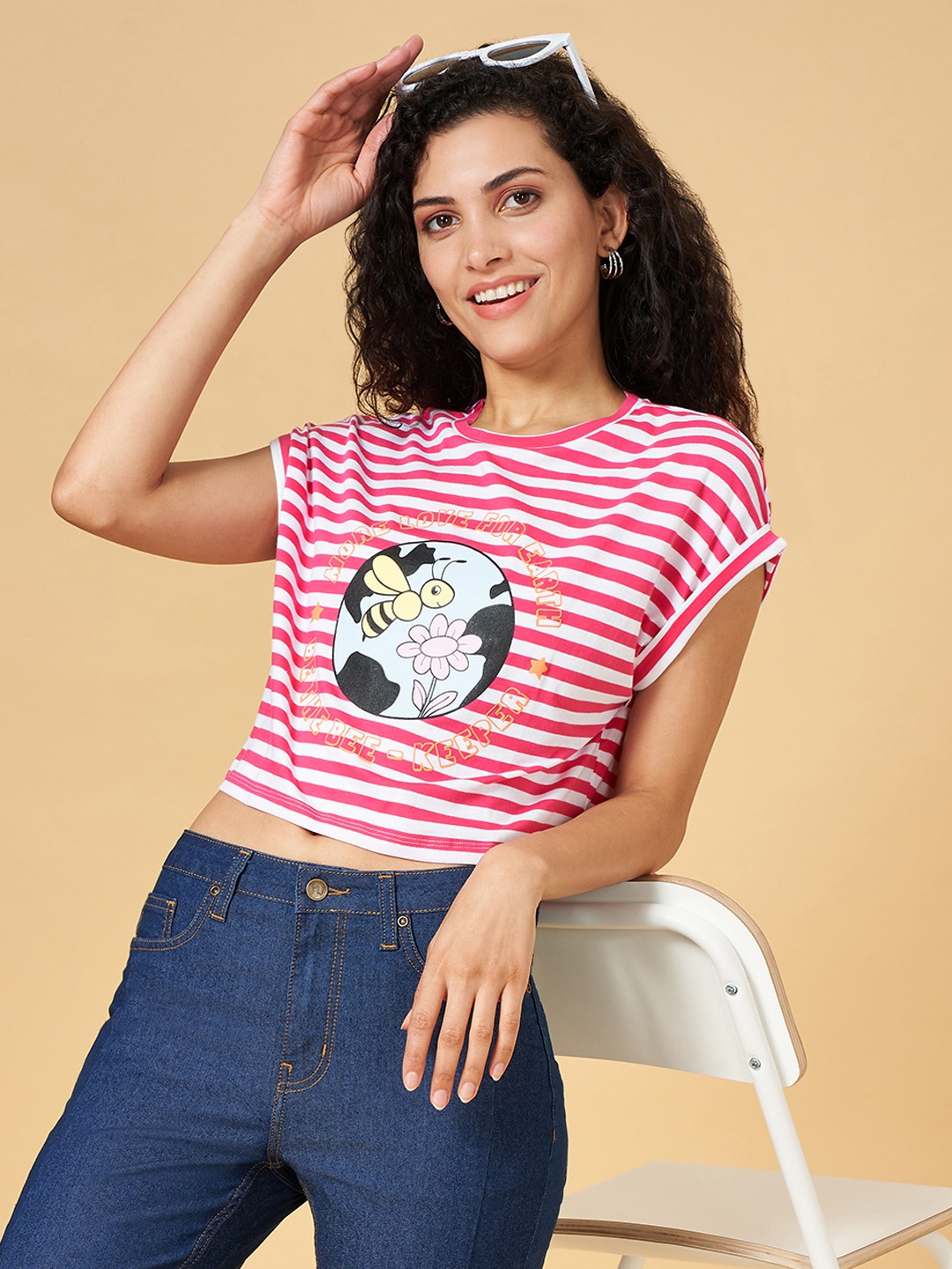 

YU by Pantaloons Cotton Striped Crop Top, Pink