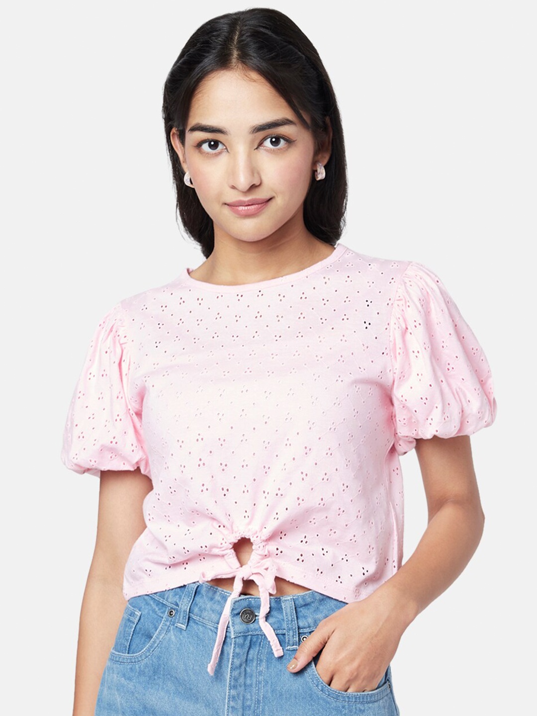 

YU by Pantaloons Cotton Round Neck Short Sleeves Top, Pink