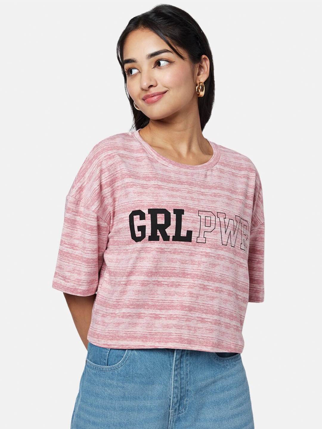 

YU by Pantaloons Cotton Round Neck Print Top, Pink