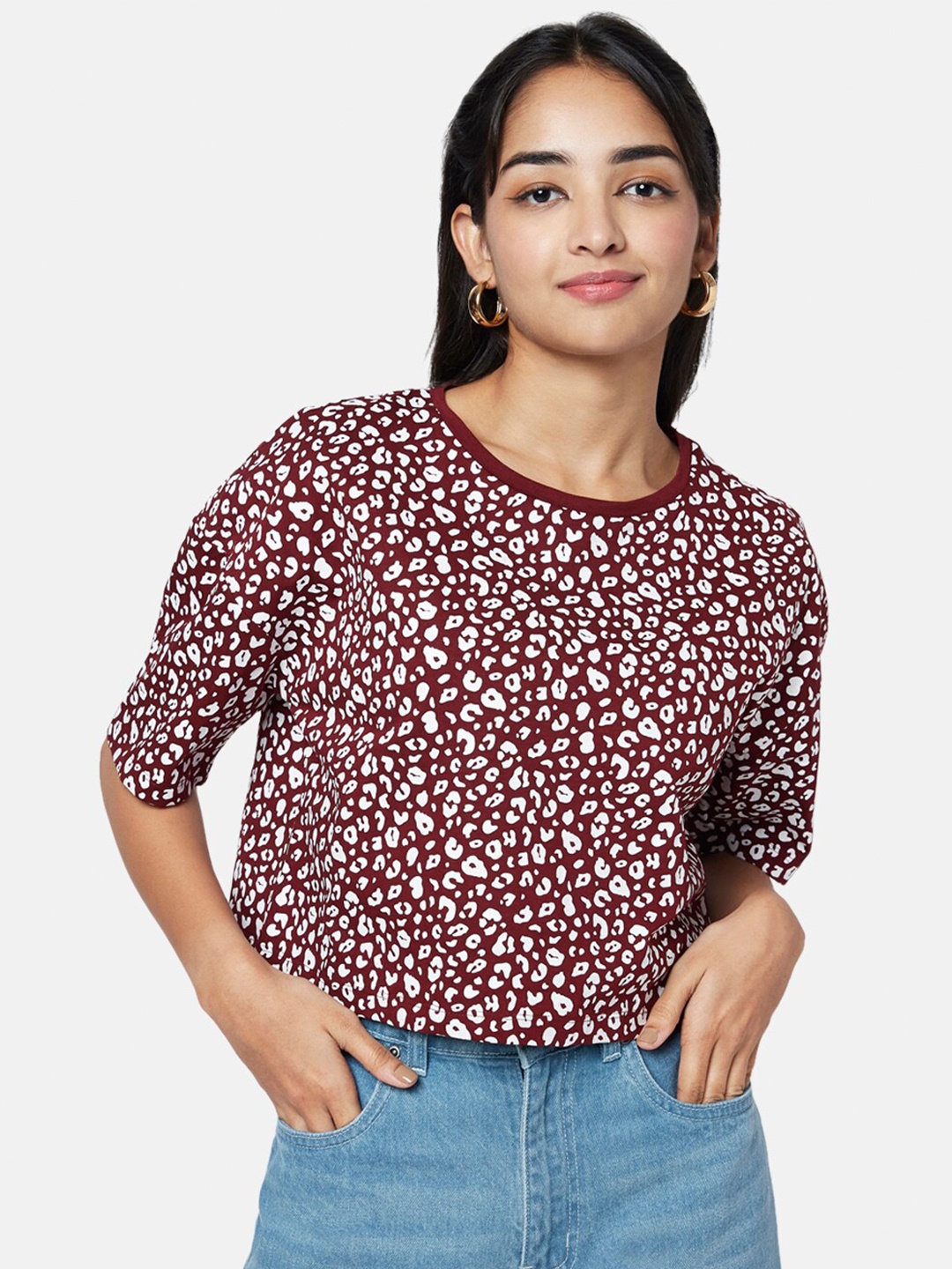 

YU by Pantaloons Cotton Round Neck Print Top, Brown