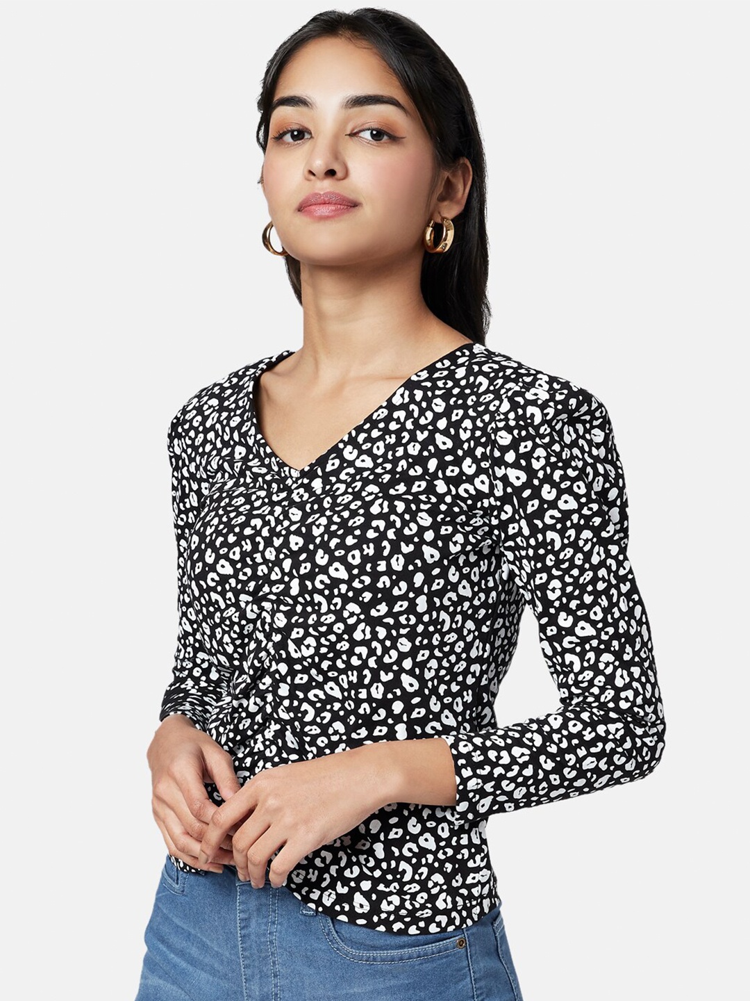 

YU by Pantaloons Cotton Animal Print Top, Black