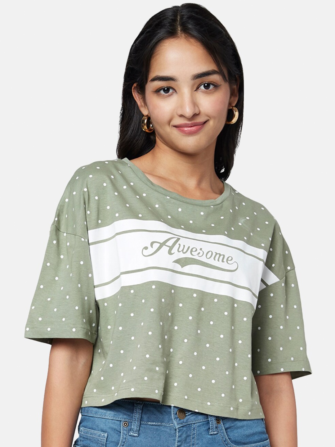 

YU by Pantaloons Printed Round Neck Cotton Crop Top, Olive