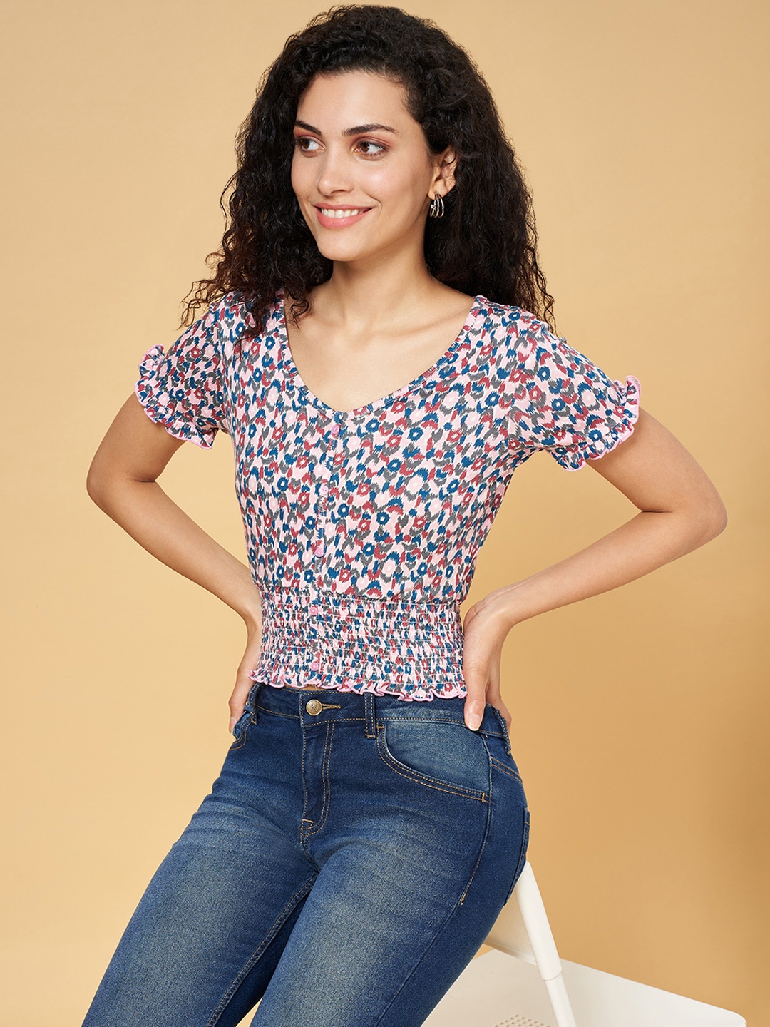 

YU by Pantaloons Floral Printed Cinched Waist Cotton Crop Top, Pink