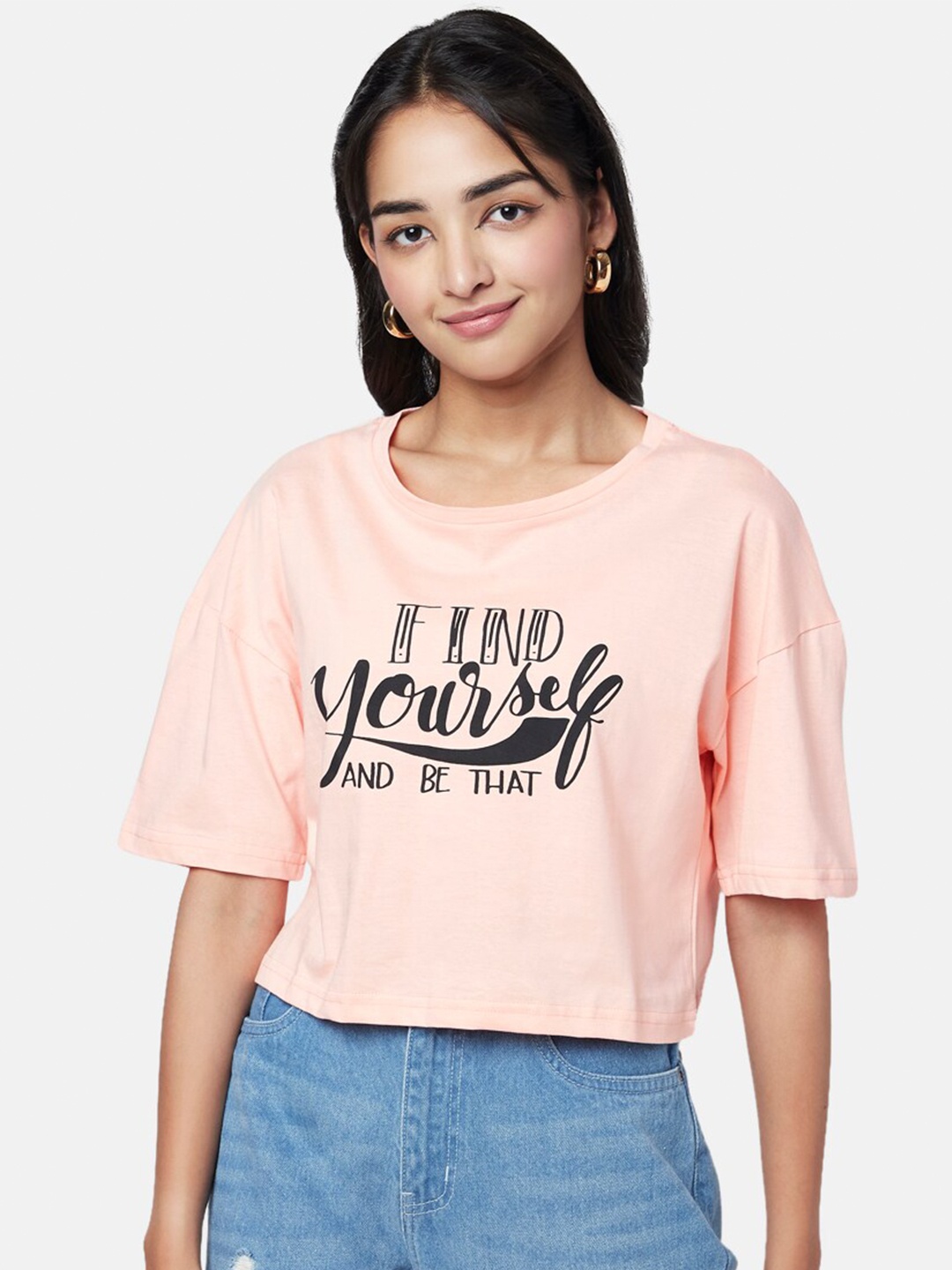 

YU by Pantaloons Printed Round Neck Cotton Crop Top, Peach