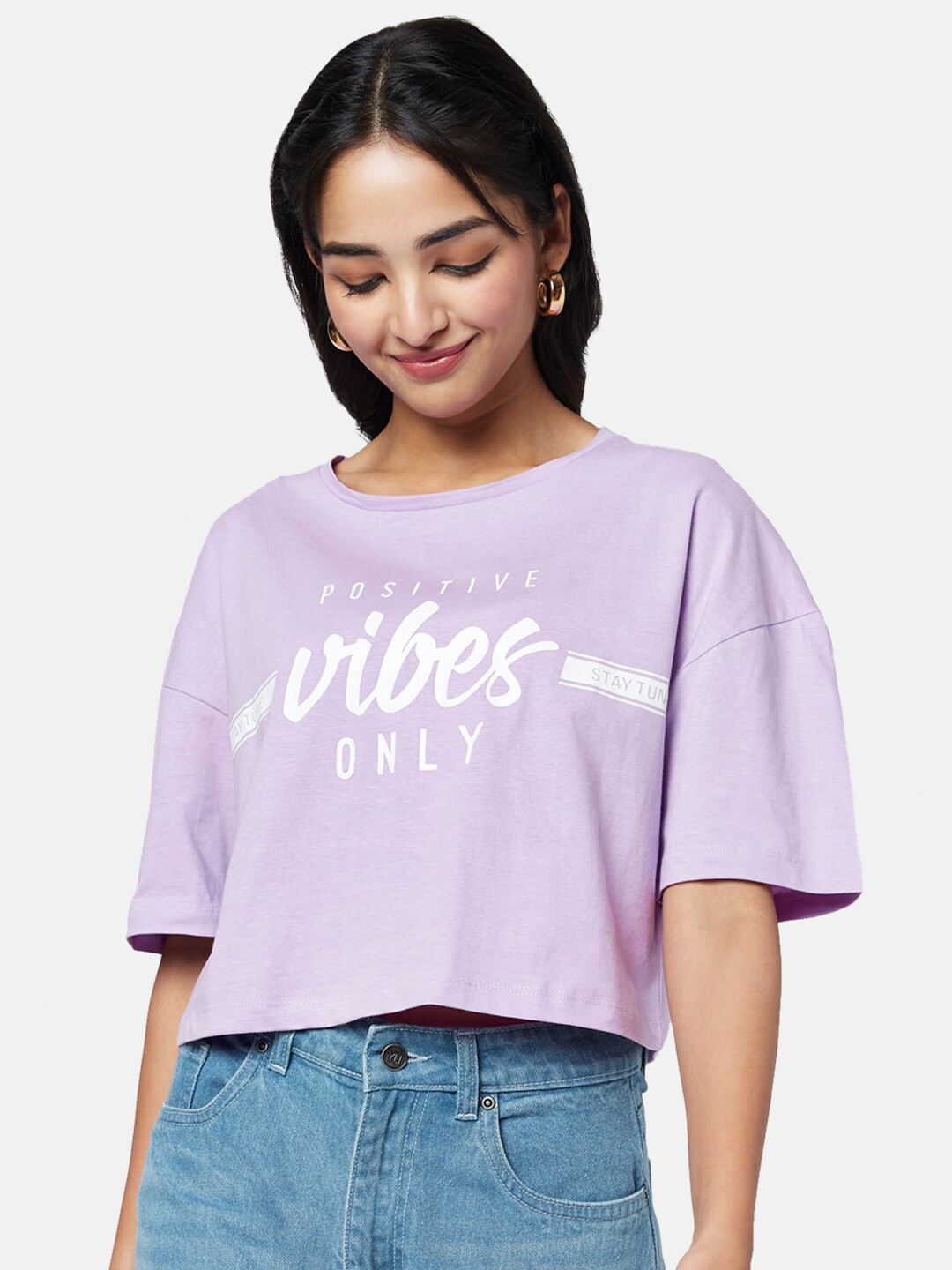 

YU by Pantaloons Printed Round Neck Cotton Crop Top, Purple
