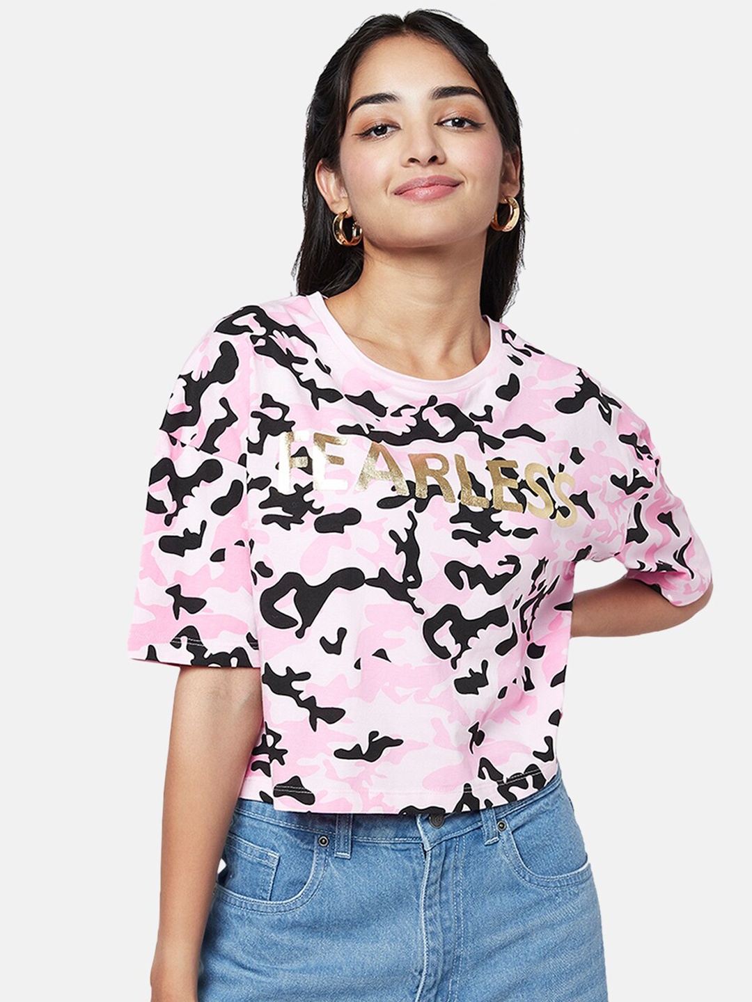 

YU by Pantaloons Printed Round Neck Cotton Crop Top, Pink