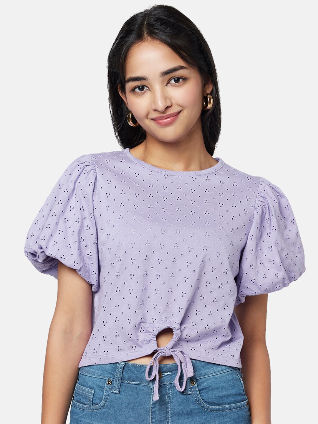 

YU by Pantaloons Self Design Round Neck Cotton Crop Top, Lavender