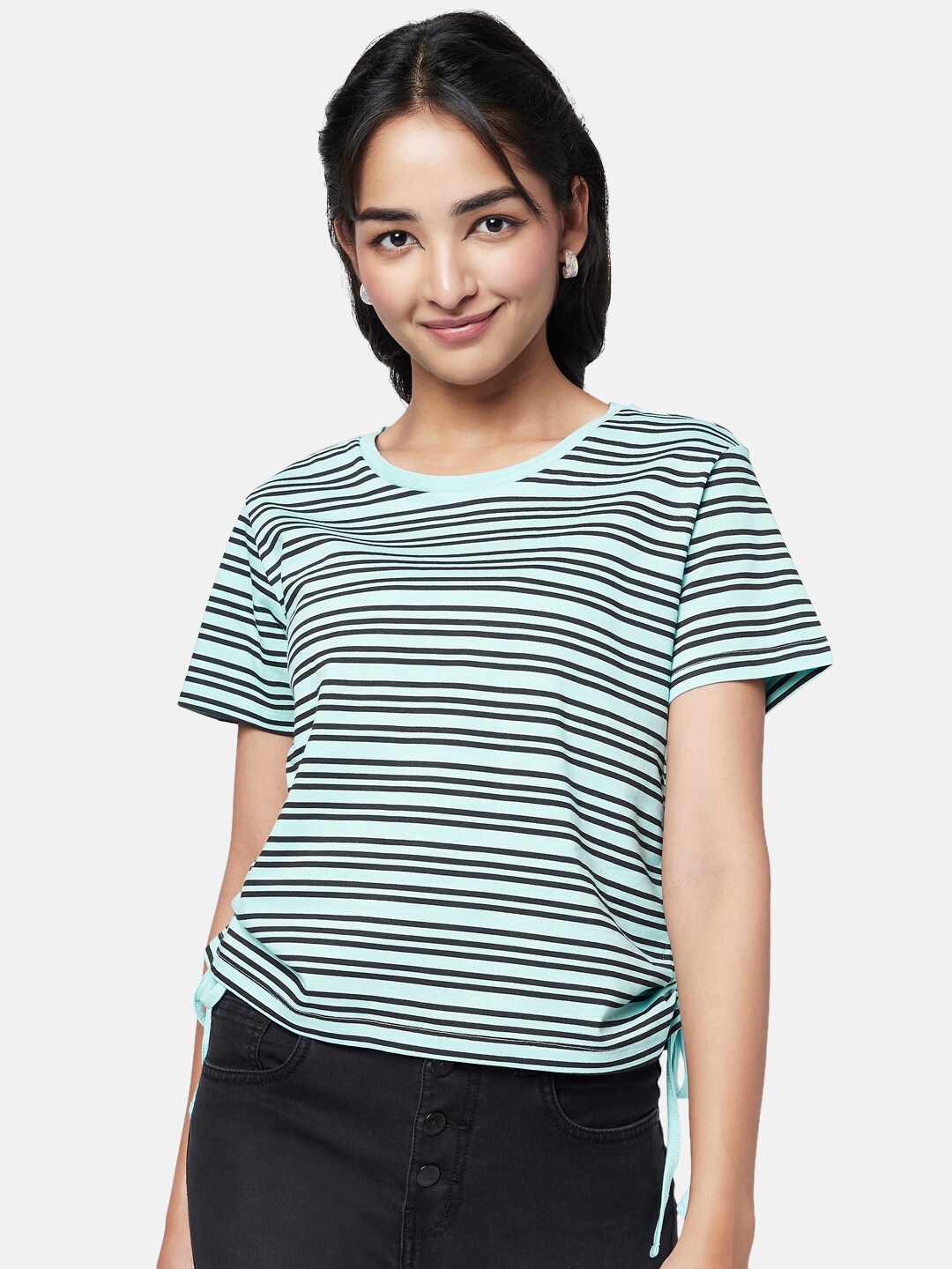

YU by Pantaloons Striped Round Neck Cotton Crop Top, Sea green