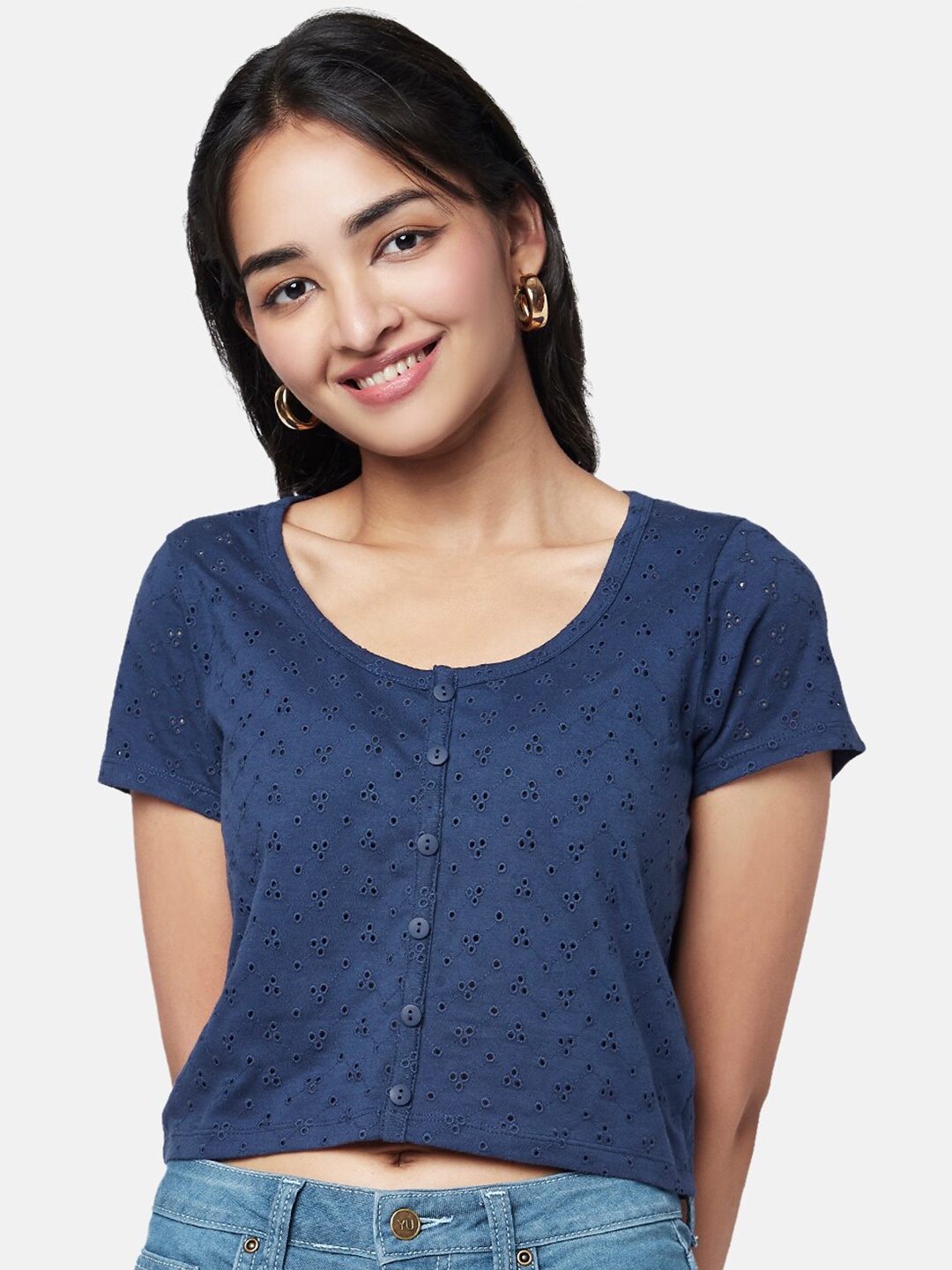

YU by Pantaloons Self Design Round Neck Cotton Crop Top, Navy blue
