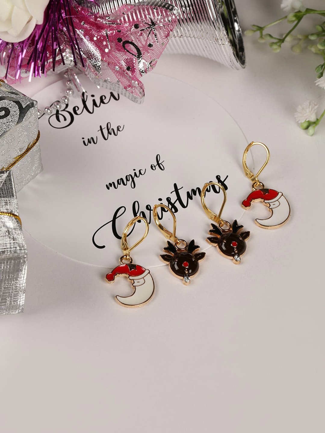 

EL REGALO Christmas Pack Of 2 Gold Plated Star Shaped Drop Earrings, Black