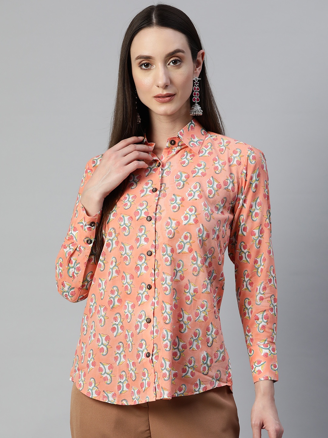 

Vasudha Women Classic Floral Printed Casual Shirt, Orange