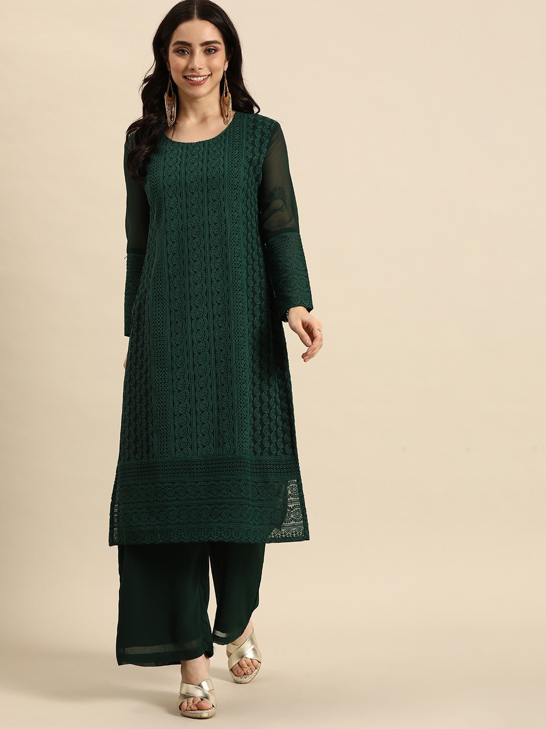 

Sangria Women Ethnic Motifs Embroidered Chikankari Kurta with Palazzos, Green