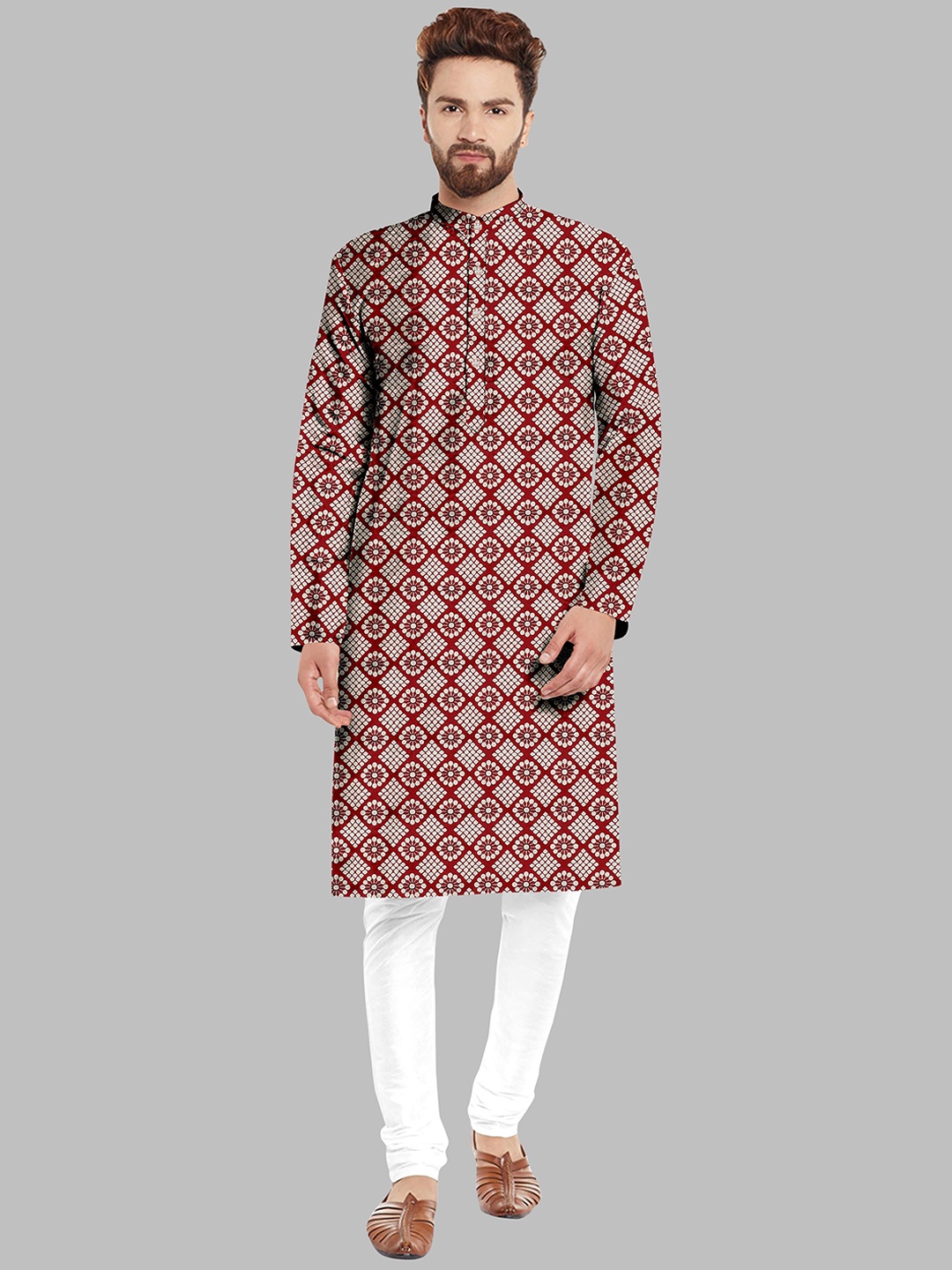 

Fashion FRICKS Men Ethnic Motifs Printed Kurta with Churidar, Maroon