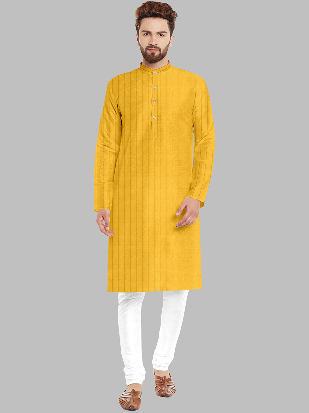 

Fashion FRICKS Men Striped Kurta with Churidar, Mustard