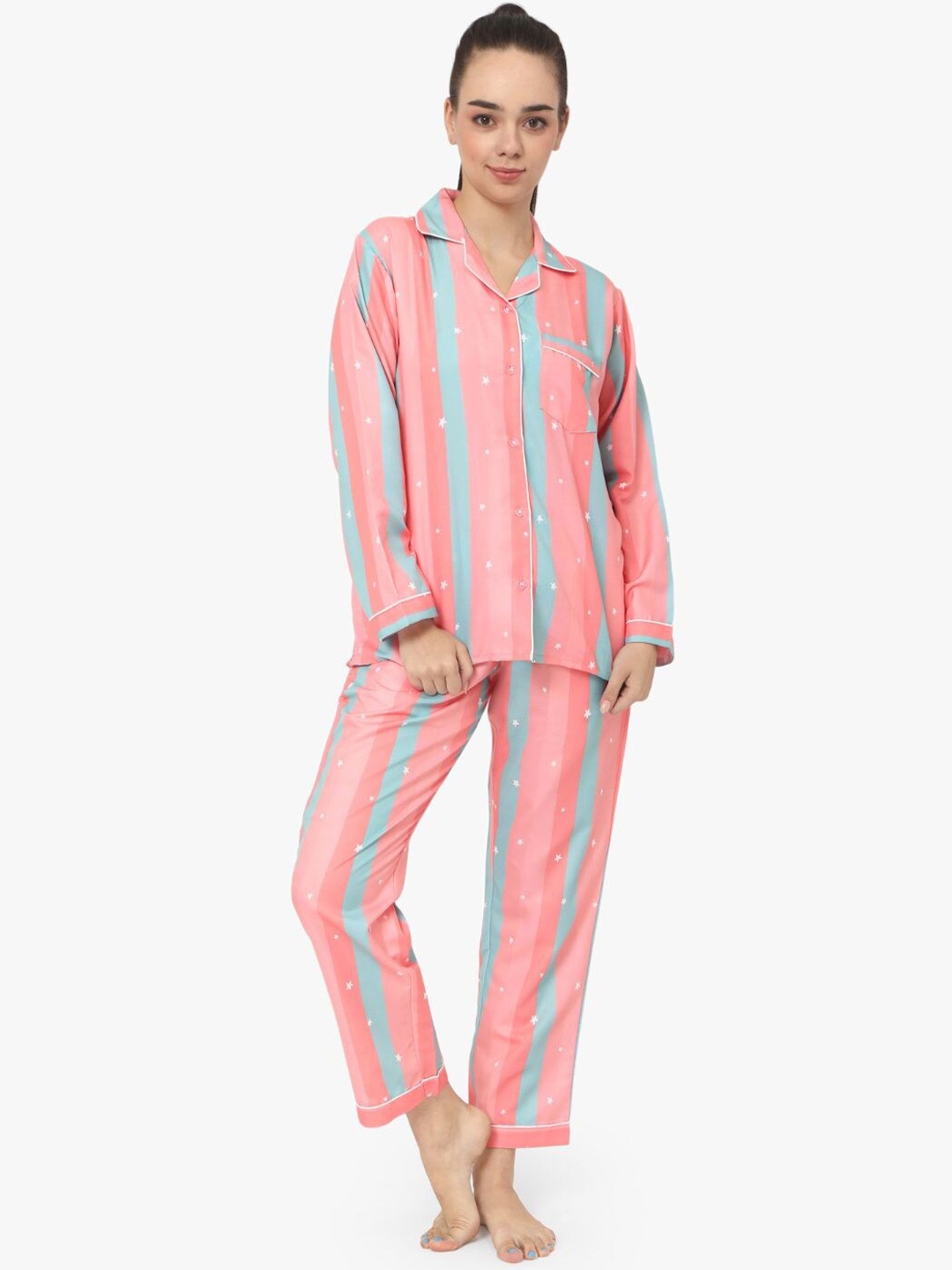 

Sand Dune Women Striped Night suit, Peach