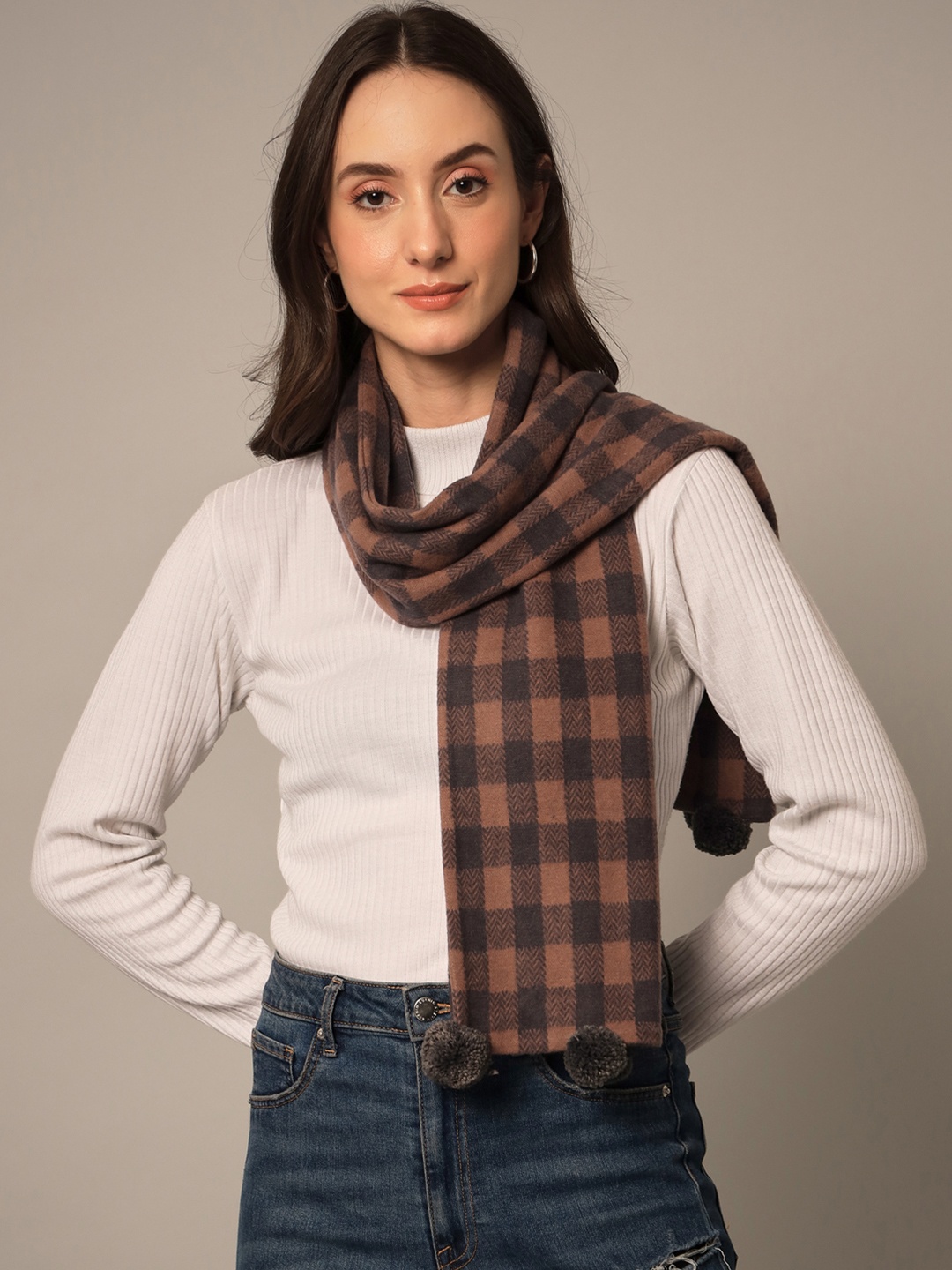 

Yaadleen Women Checked Cotton Muffler, Brown